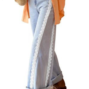 Beau Blue Lace Trim Jeans, Daily Casual Women Pants - Main View