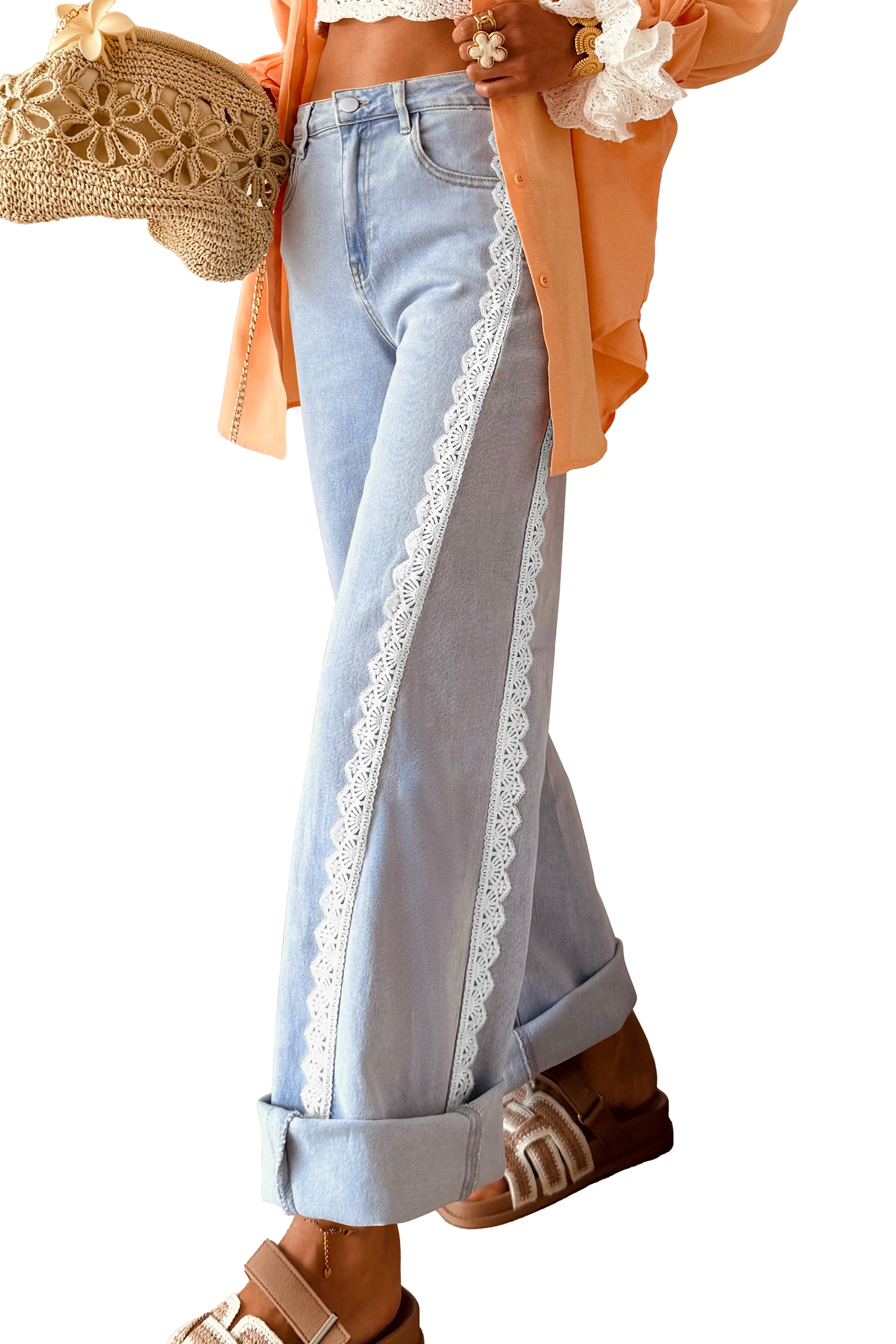 Beau Blue Lace Trim Jeans, Daily Casual Women Pants - Main View