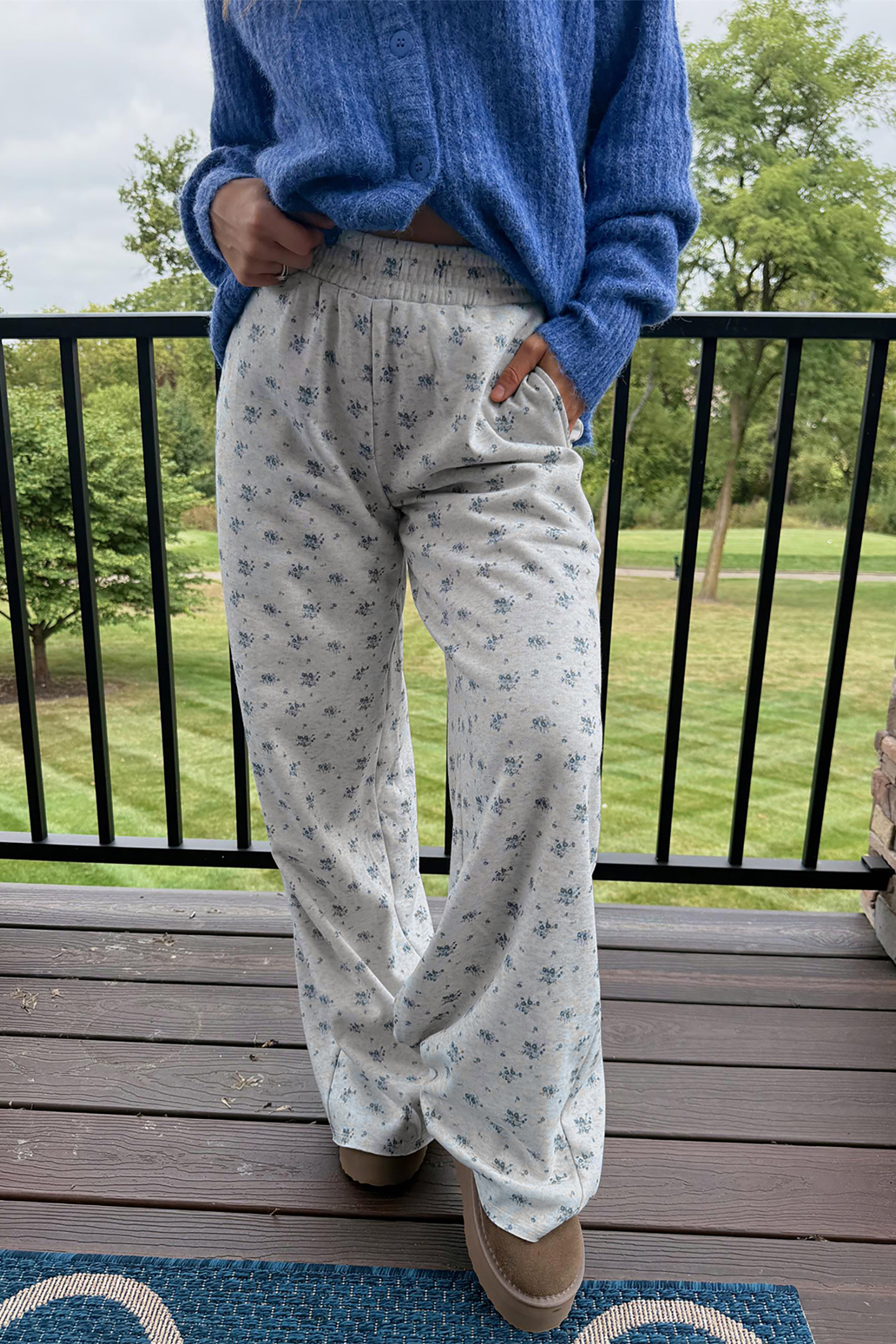 Autumn Floral Wide Leg Pants, Relaxed Daily Casual Trousers - Detail View 3