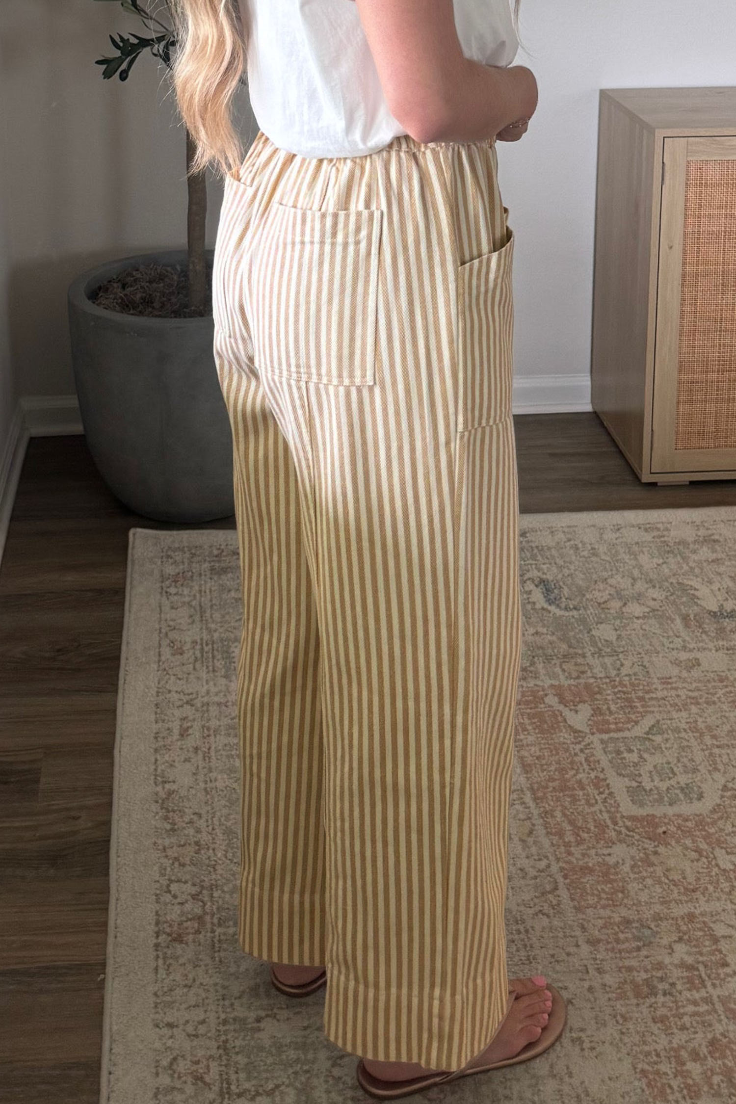 Women's Cotton Striped Pants, Drawstring Waist Trousers - Detail View 3