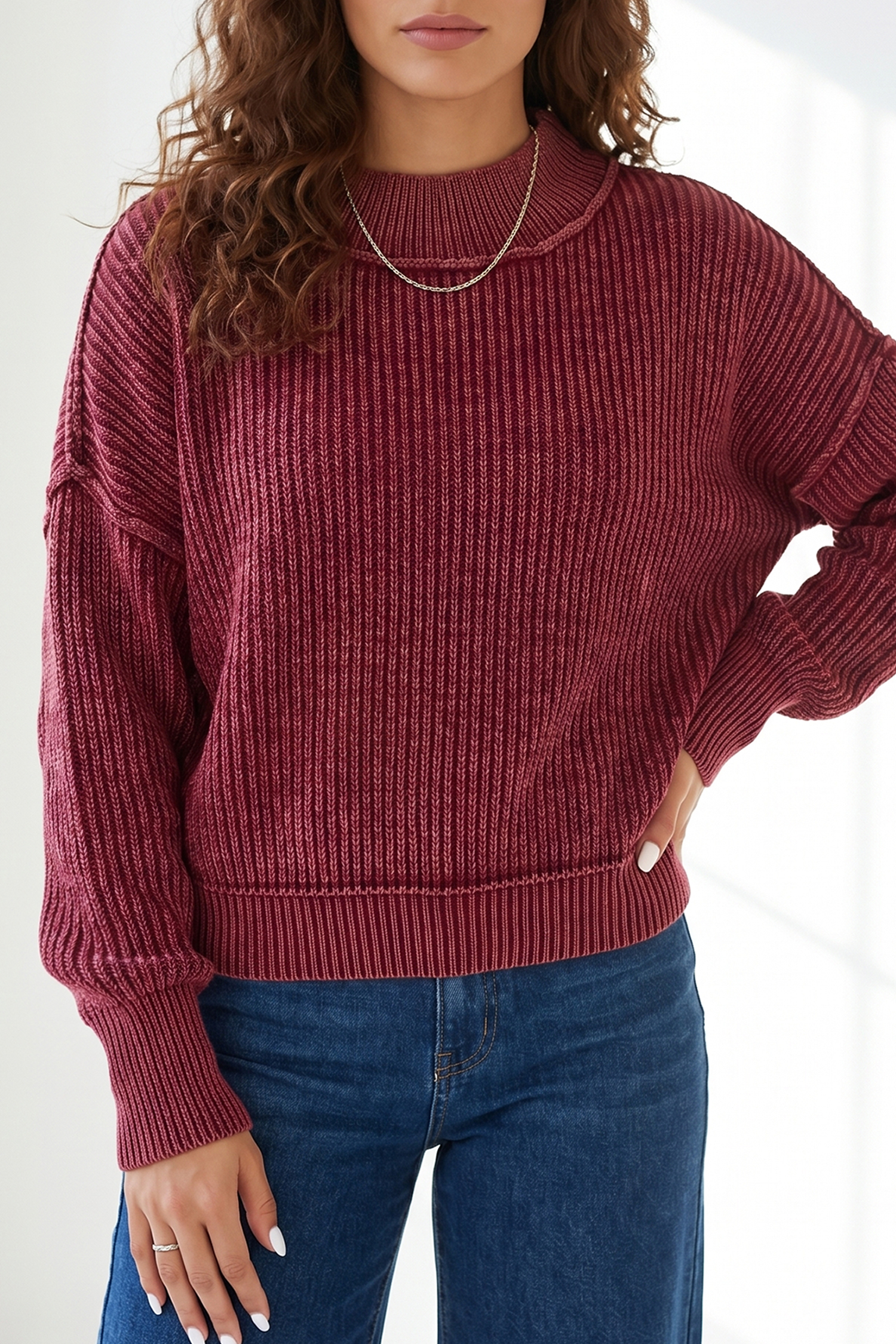 Washed Ribbed Knit Women's Sweater, Vintage Casual Style - Detail View 8