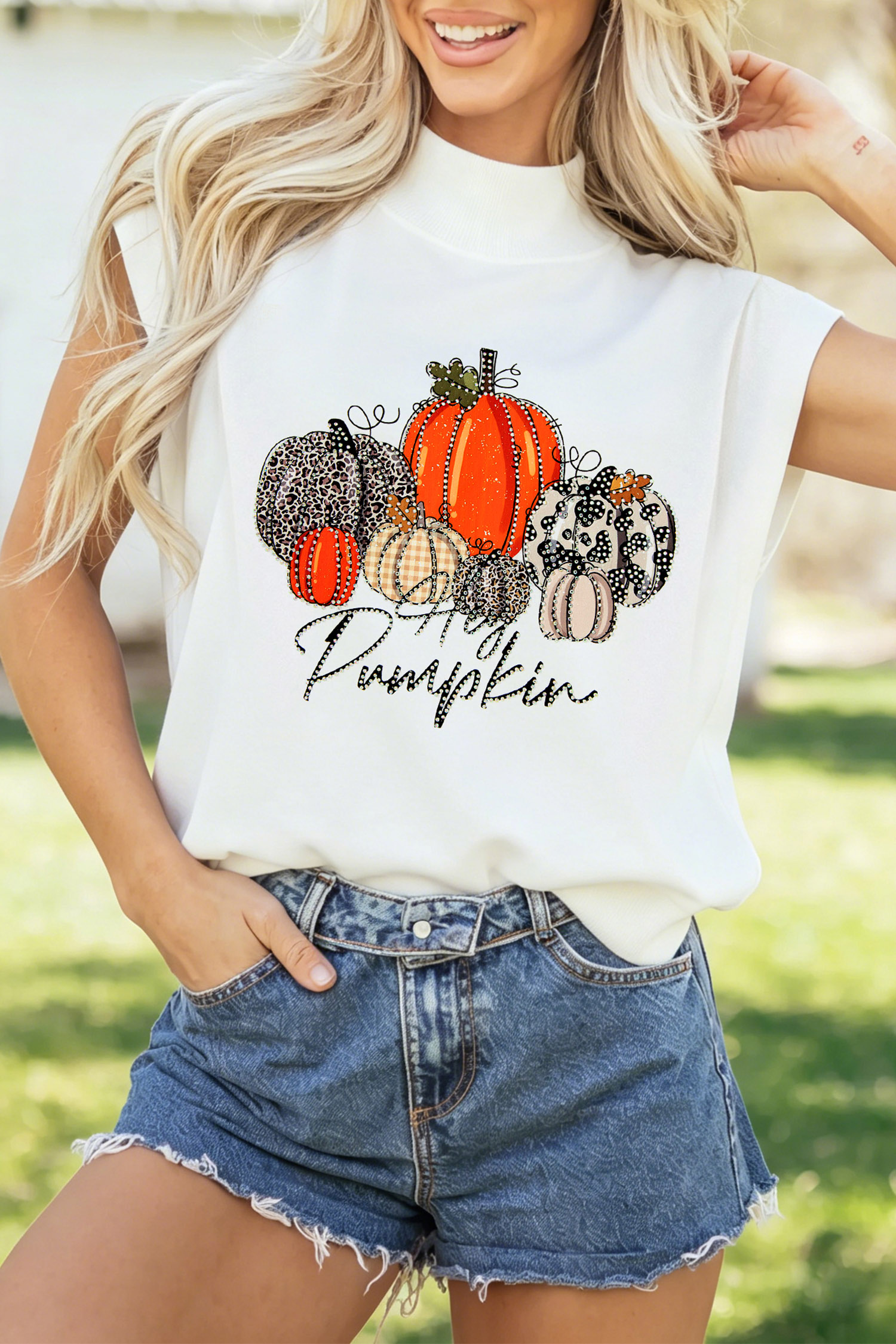 Casual Fall Graphic Tee, White High Neck Short Sleeve Top - Detail View 5