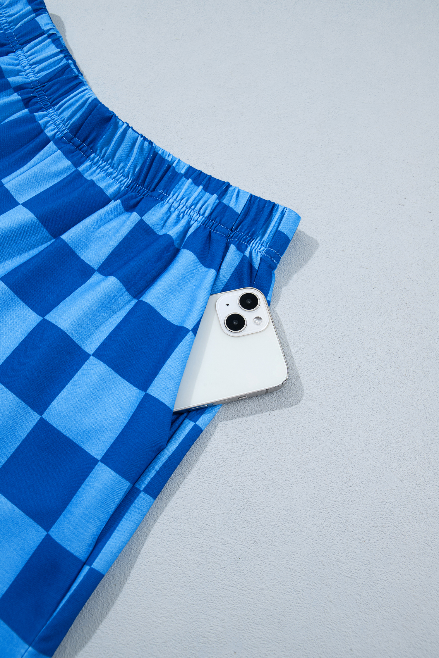 Women's Crop Top Shorts Set, Comfortable Blue Plaid Loungewear - Detail View 12