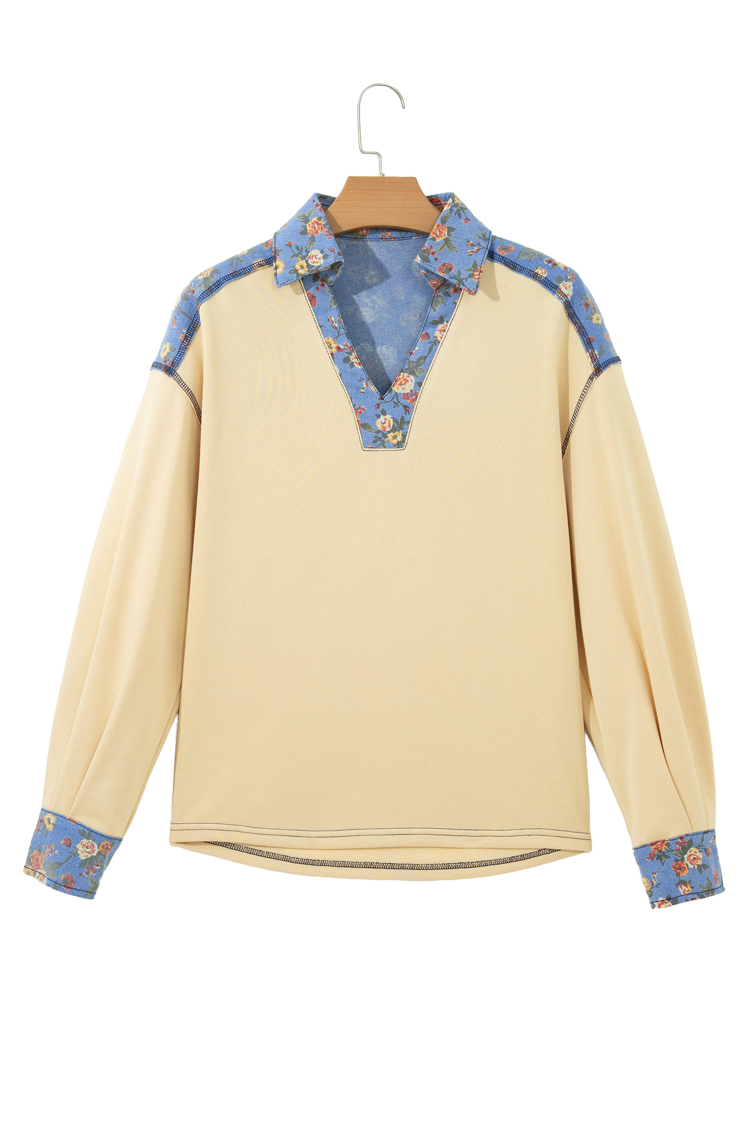 Apricot Floral Denim Pullover, Chic Contrast Trim Blouse - Detail View 5
