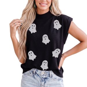 Women's Halloween Ghost Top, Glitter Print Mock Neck Tee - Main View