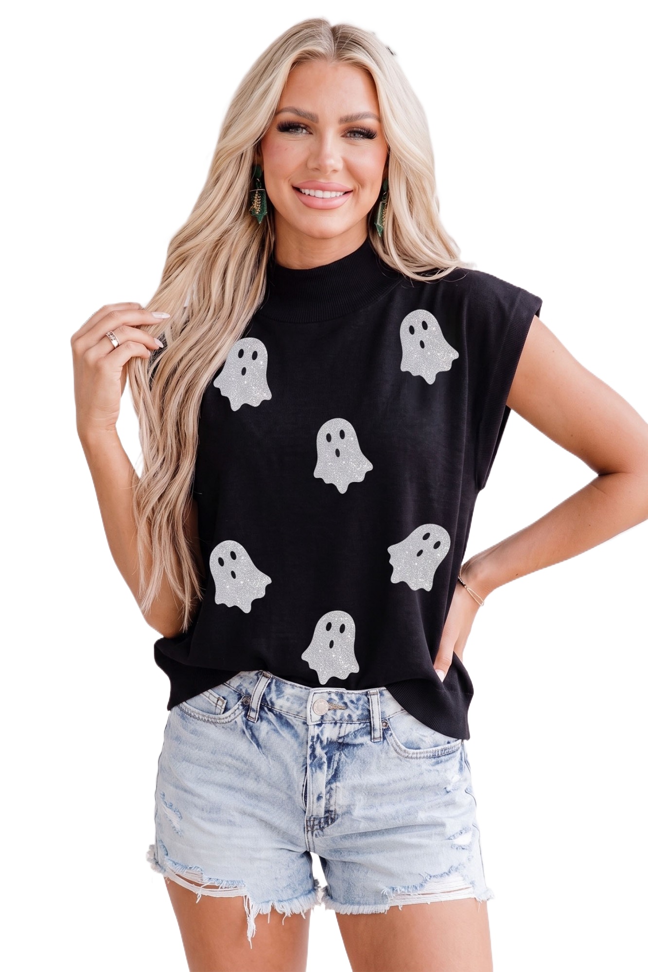 Women's Halloween Ghost Top, Glitter Print Mock Neck Tee - Main View