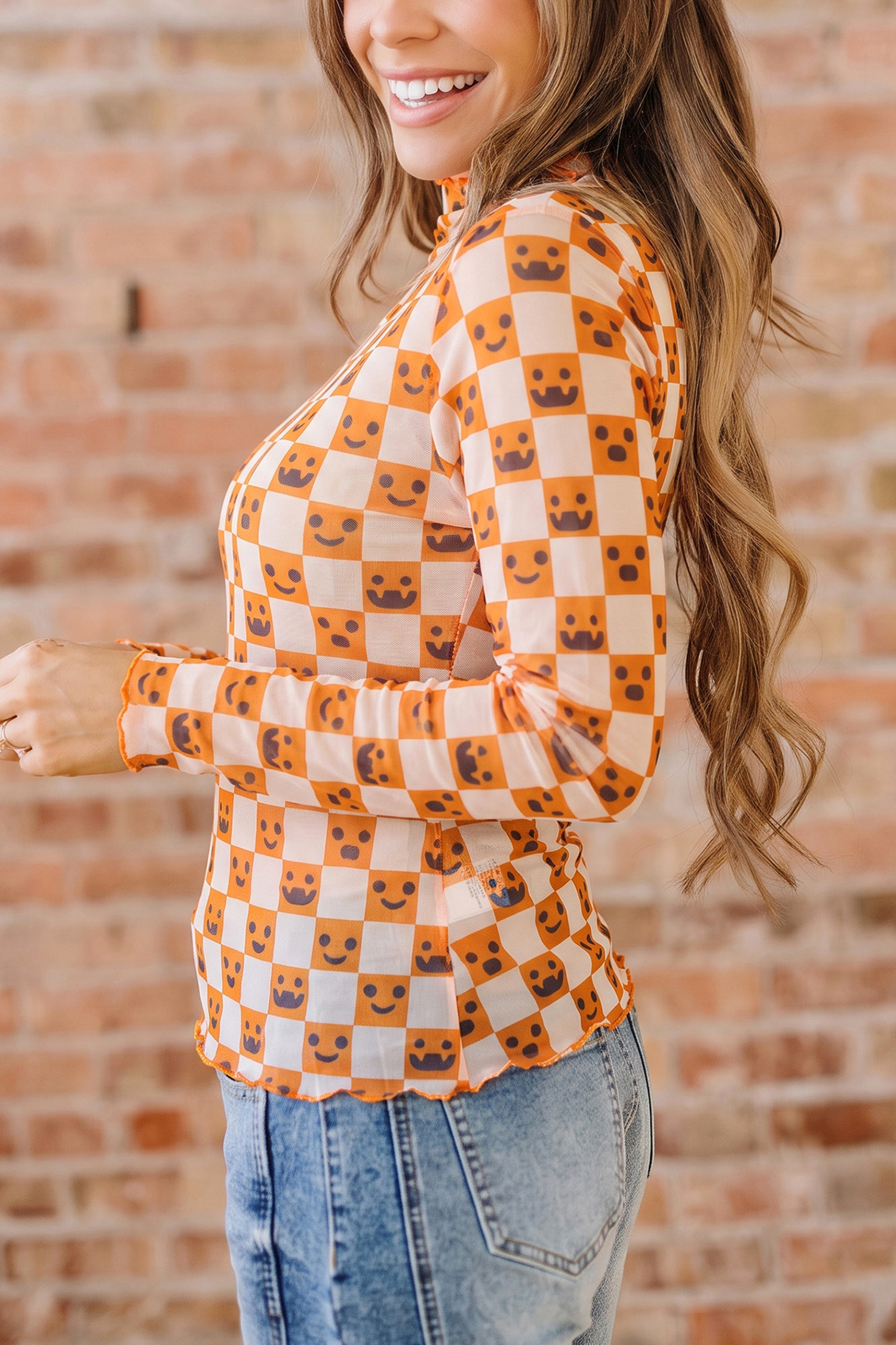 Sheer Pumpkin Face Top, Festive Orange Fall Long Sleeve - Detail View 2