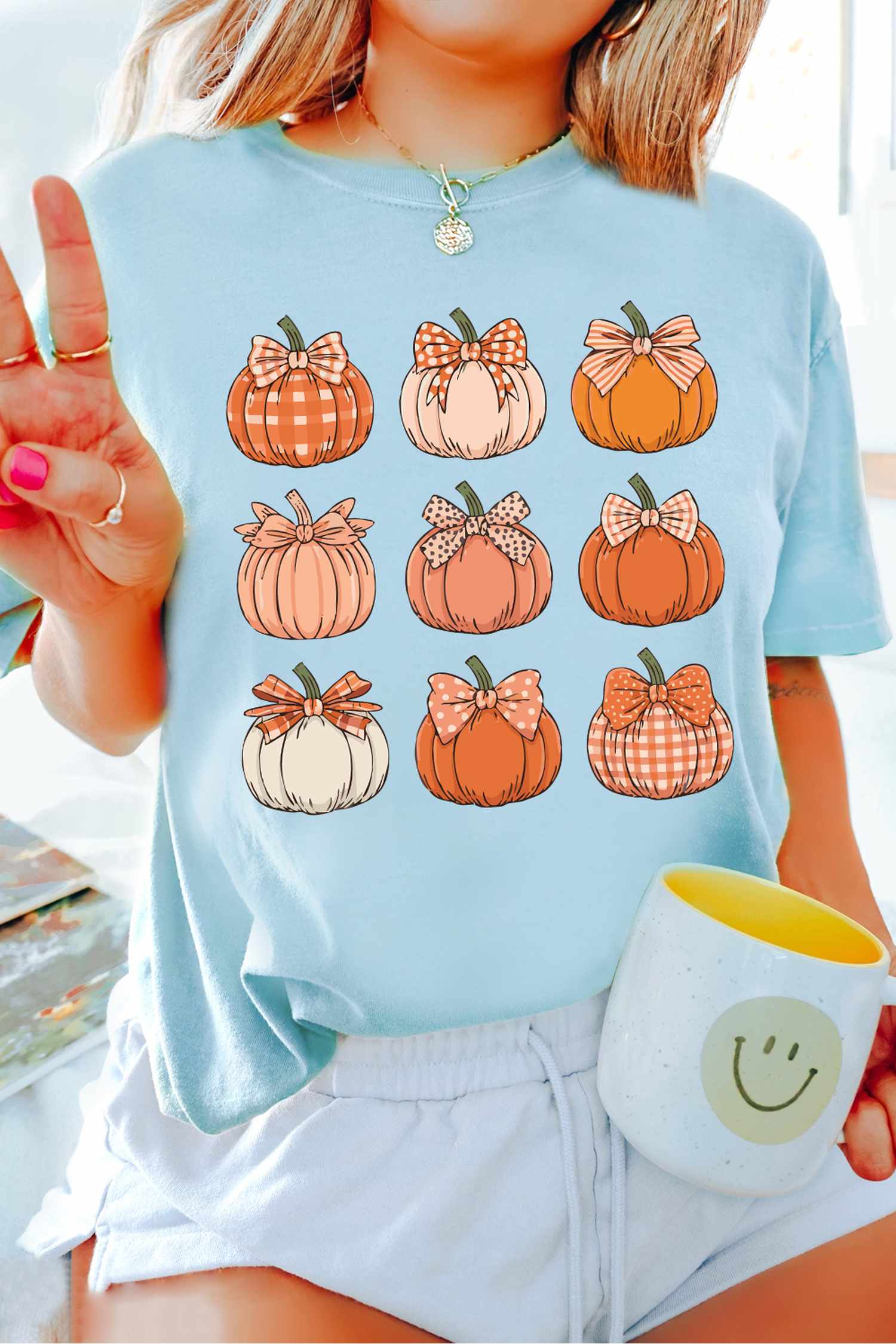 Women's Pumpkin Graphic T Shirt, Light Blue Casual Tee - Detail View 7