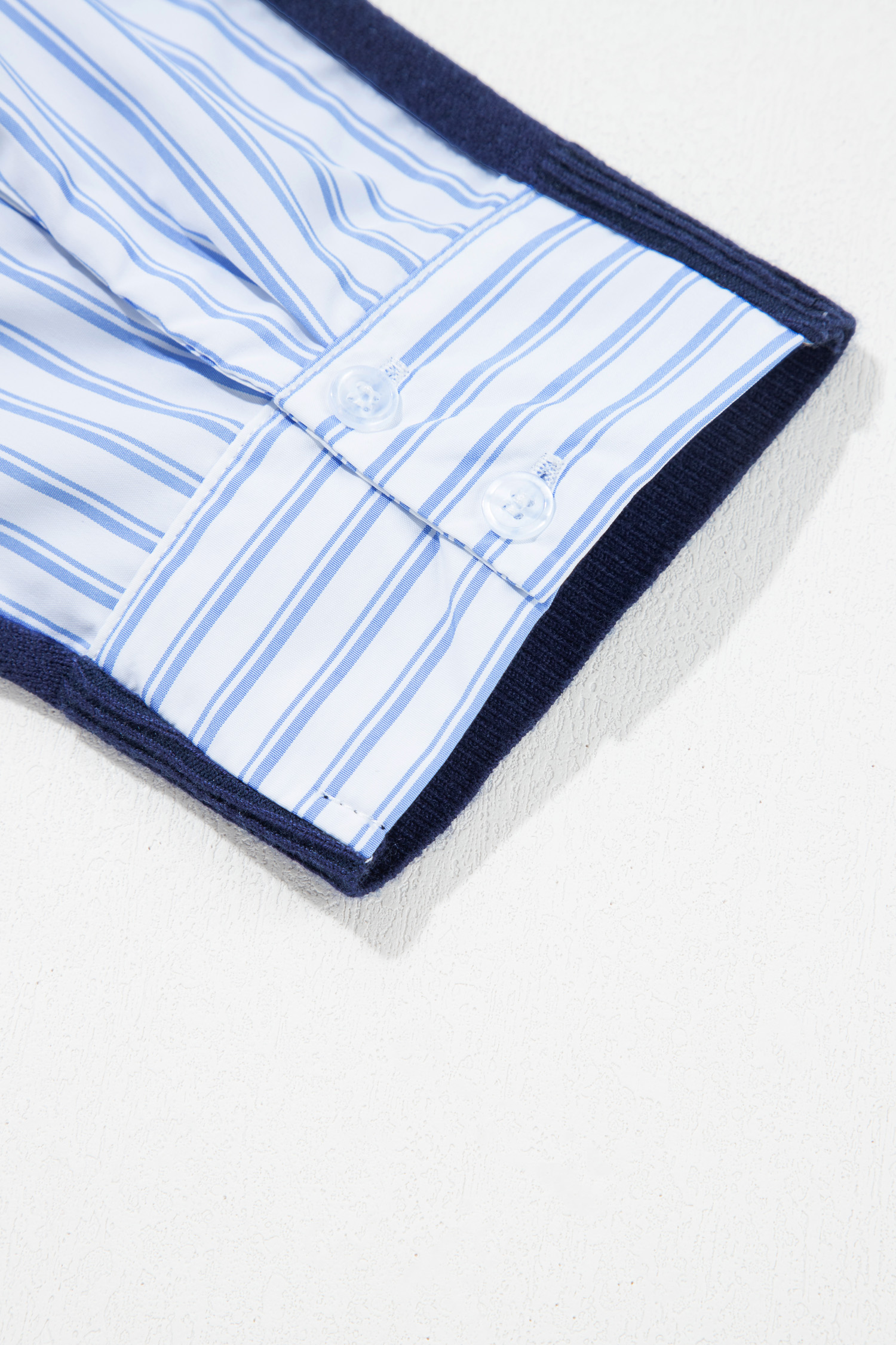 Navy Blue Patchwork Sweater, Chic Striped Long Sleeve Top - Detail View 8