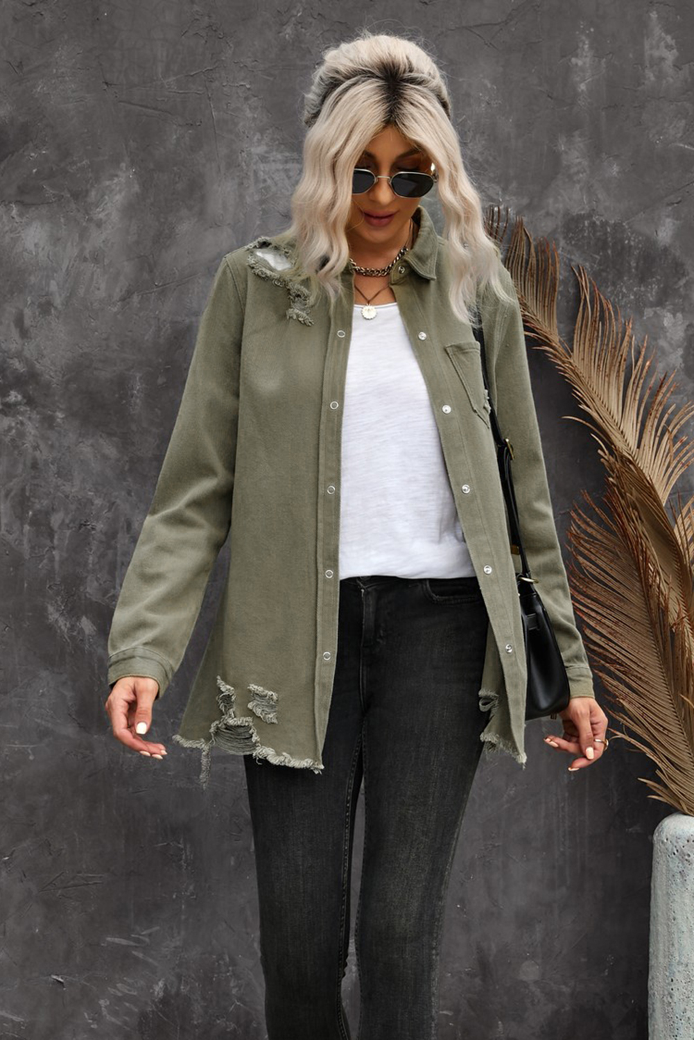 Khaki Distressed Denim Shirt Jacket, Casual Women's Shacket - Detail View 7