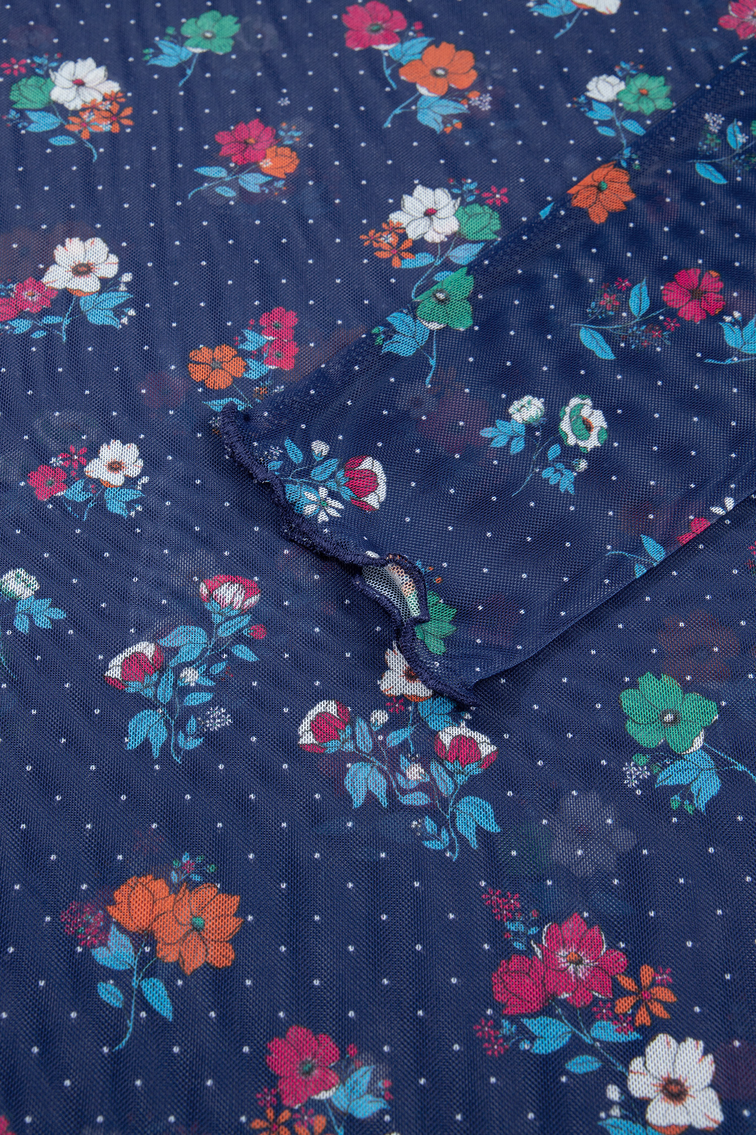 Women's Blue Floral Mesh Top, Long Sleeve High Neck Blouse - Detail View 7