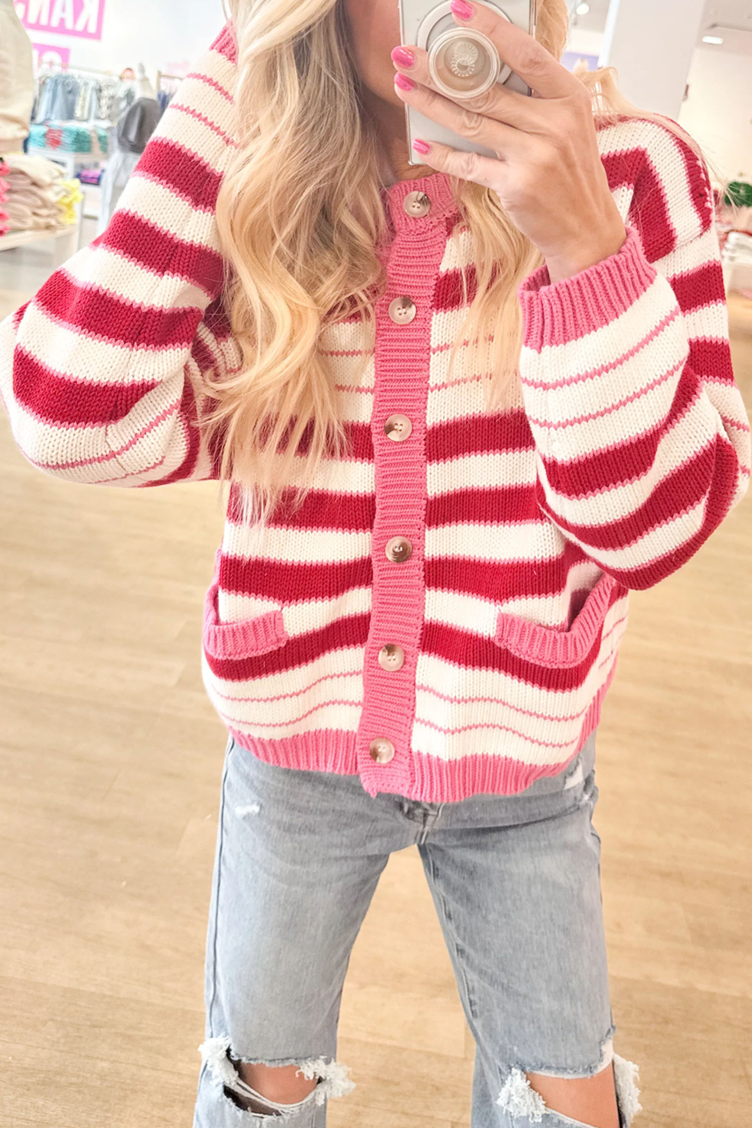 Casual Fall Striped Cardigan, Women's Comfortable Knitwear - Detail View 3