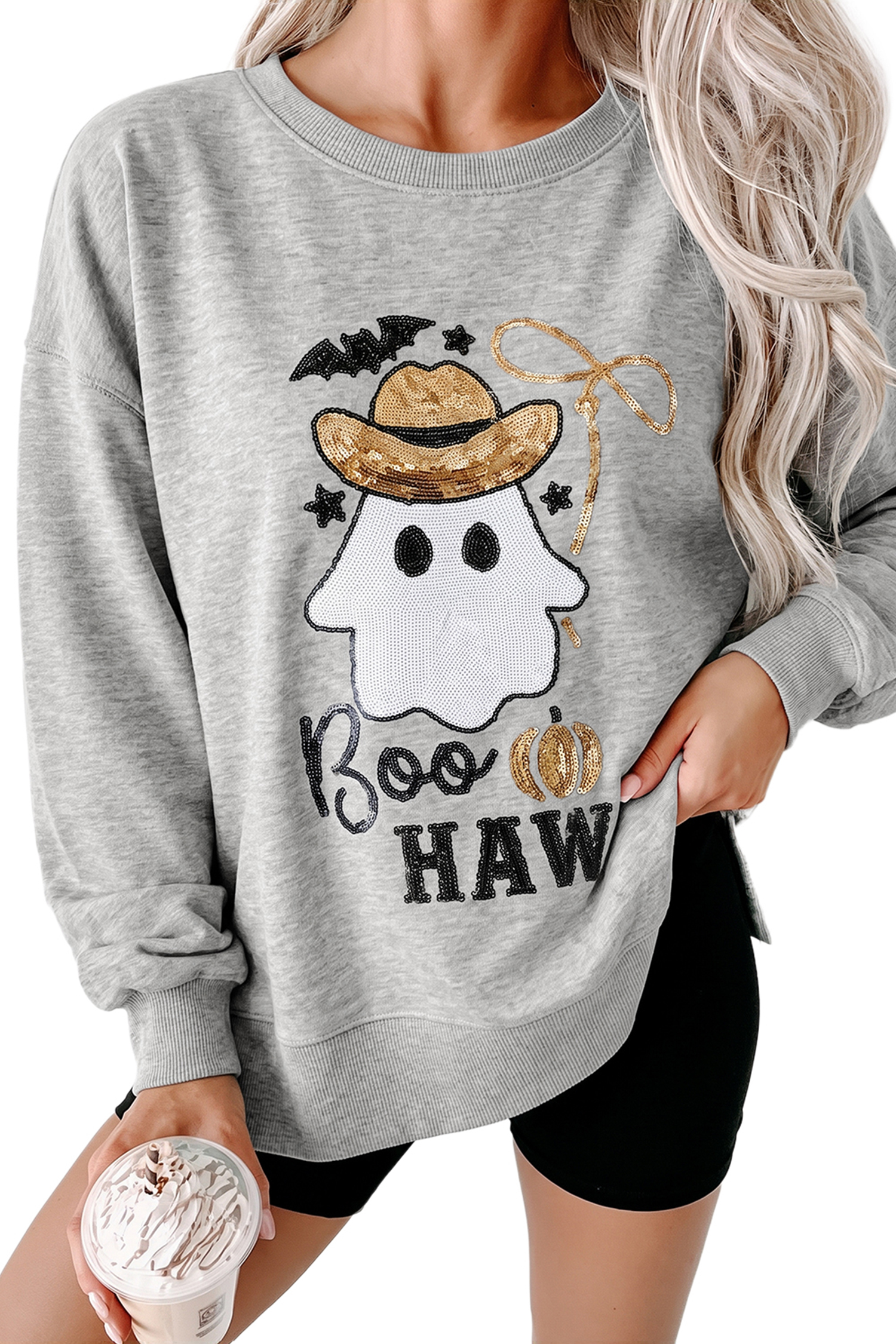 Spooky Boo Haw Graphic Sweatshirt, Fall Sequin Western Top - Detail View 2