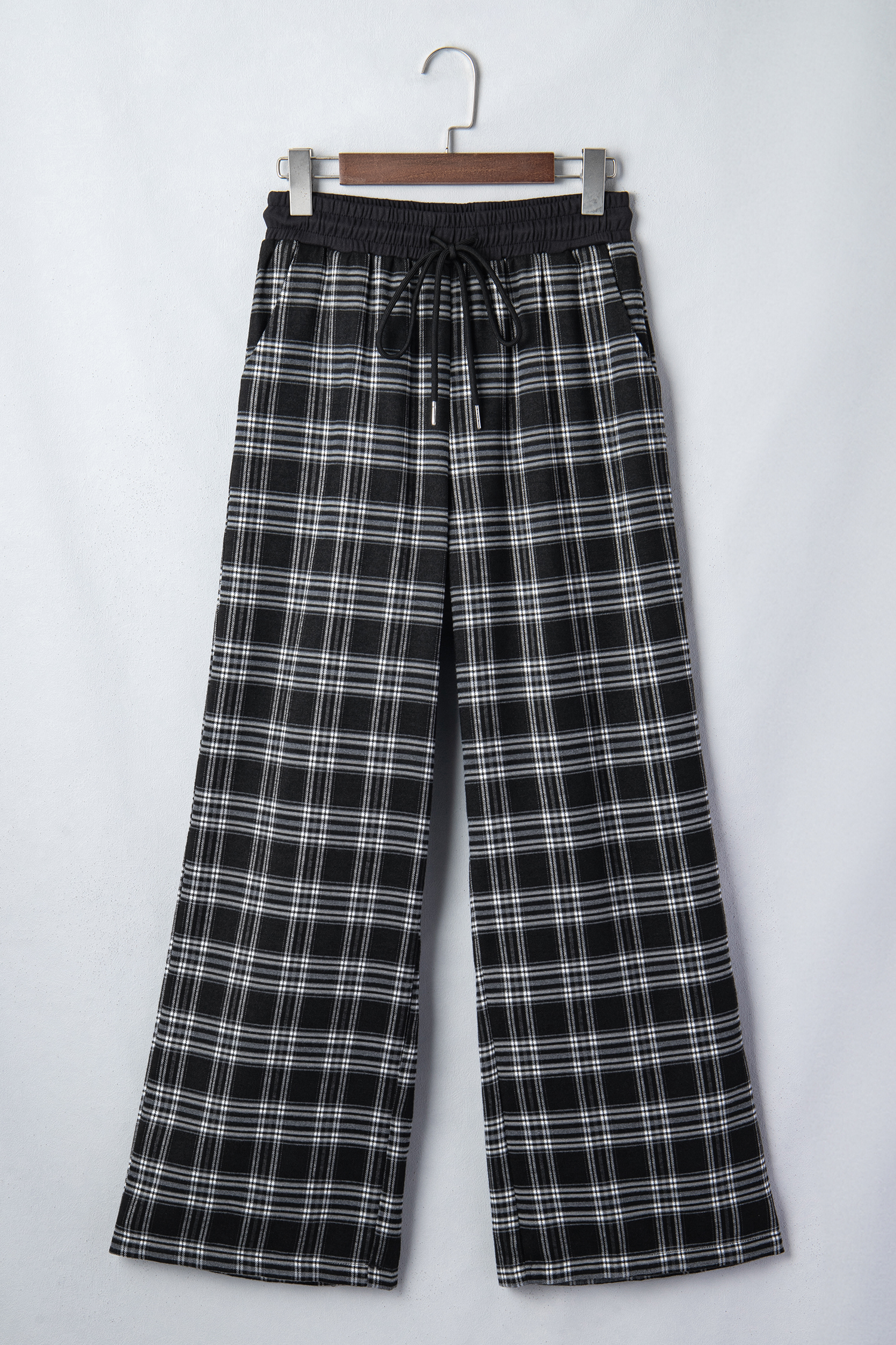 Plaid Women's Wide Leg Pants, Casual Drawstring Daily Wear - Detail View 7