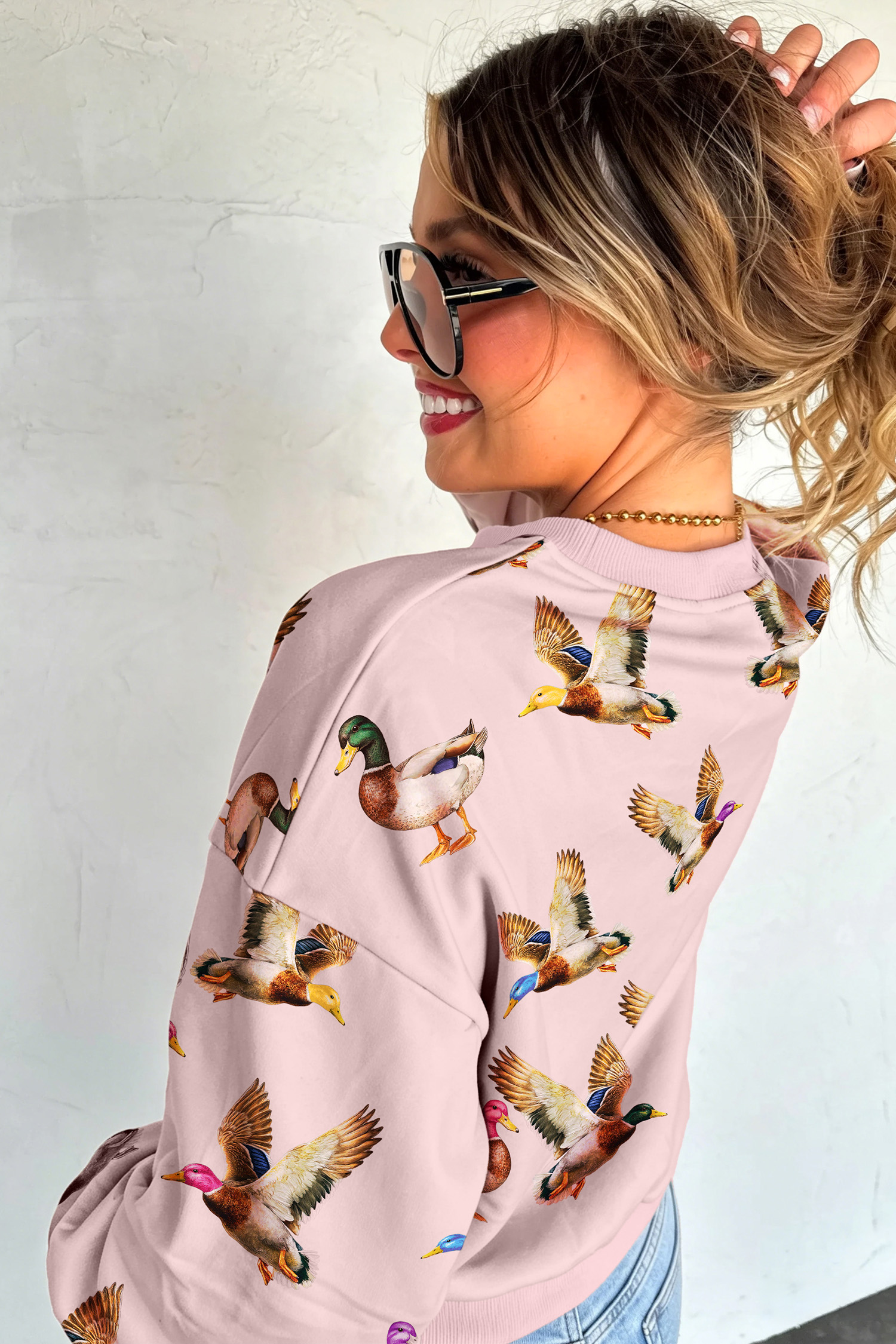 Women's Western Print Sweatshirt, Casual Duck Pattern Top - Detail View 2