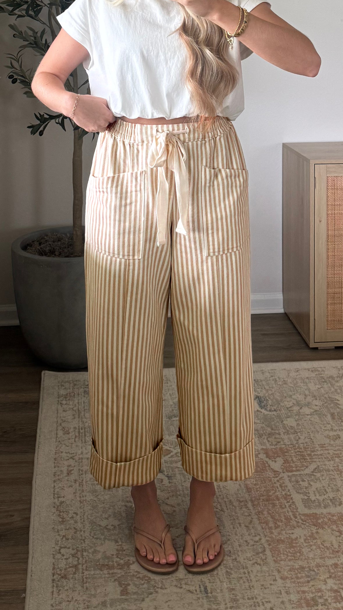 Women's Apricot Stripe Pants, Relaxed Wide Leg Trousers - Detail View 5