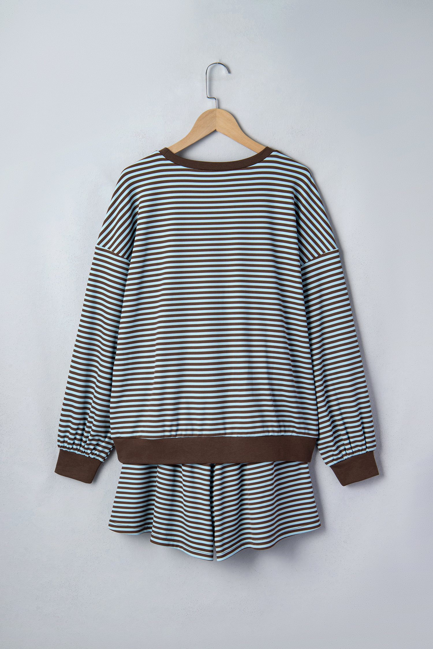 Women's Ribbed Stripe 2pc Set, Relaxed Long Sleeve Short Suit - Detail View 8