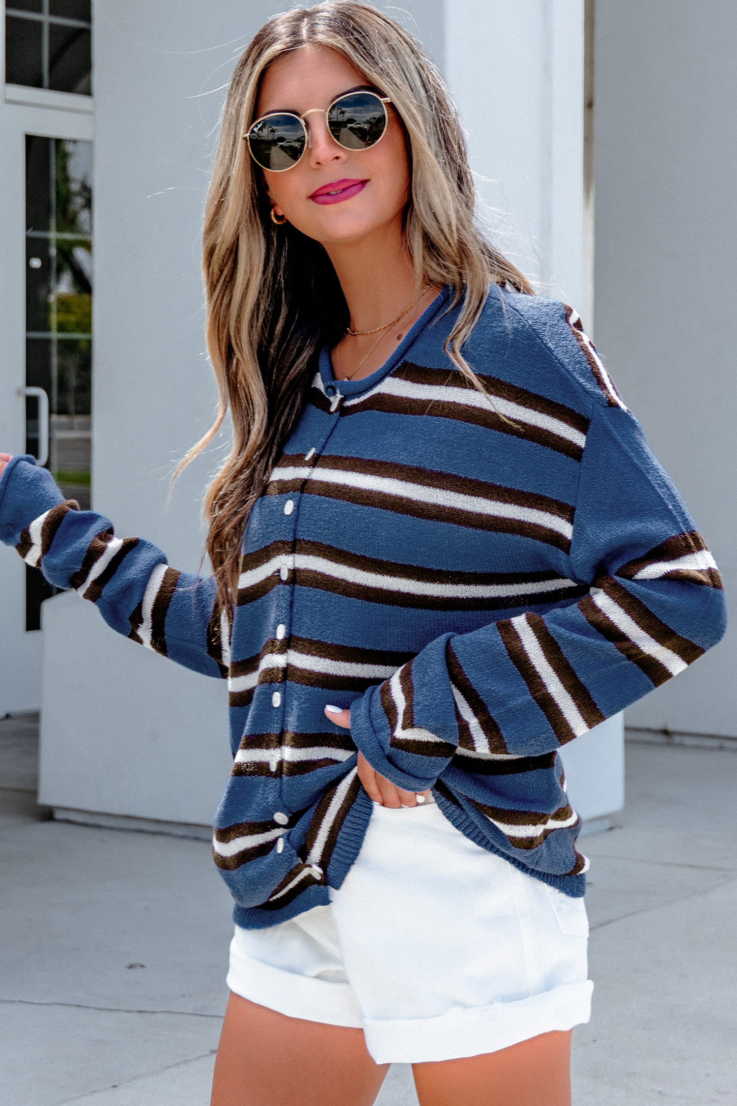 Women's Round Neck Cardigan, Soft Striped Autumn Knitwear - Detail View 3