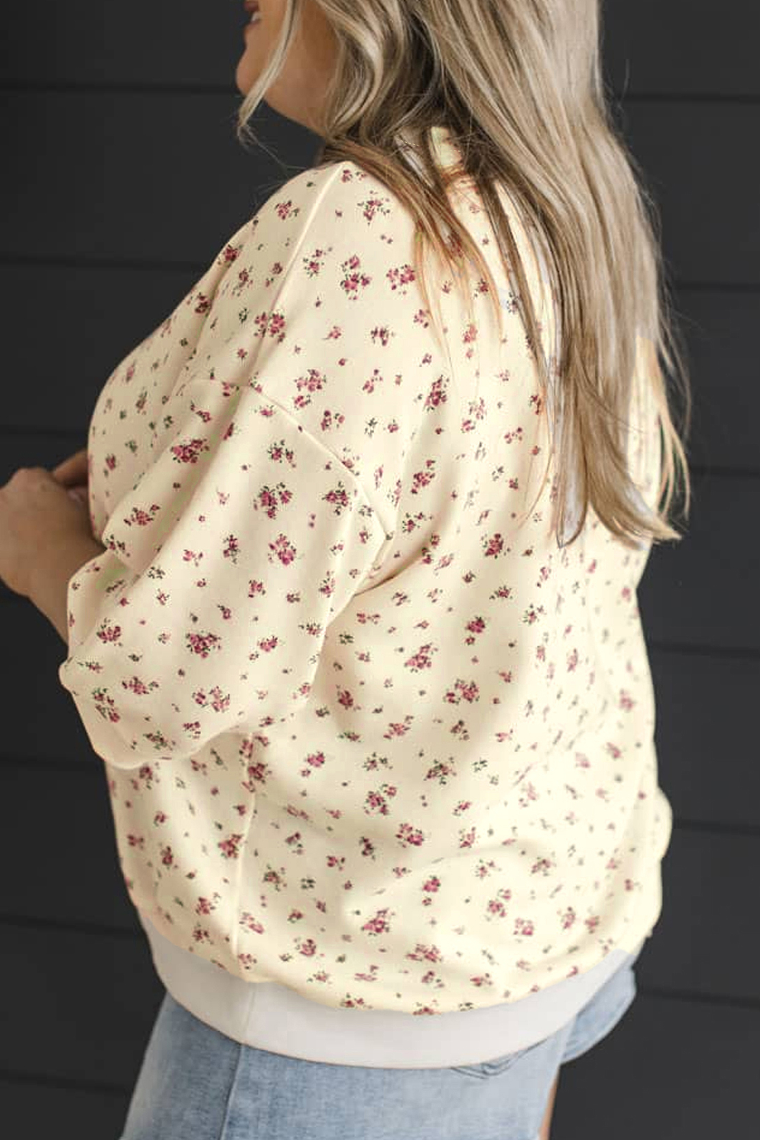 Beige Floral Print Top, Bracelet Sleeve Spring Casual Blouse - Detail View 8