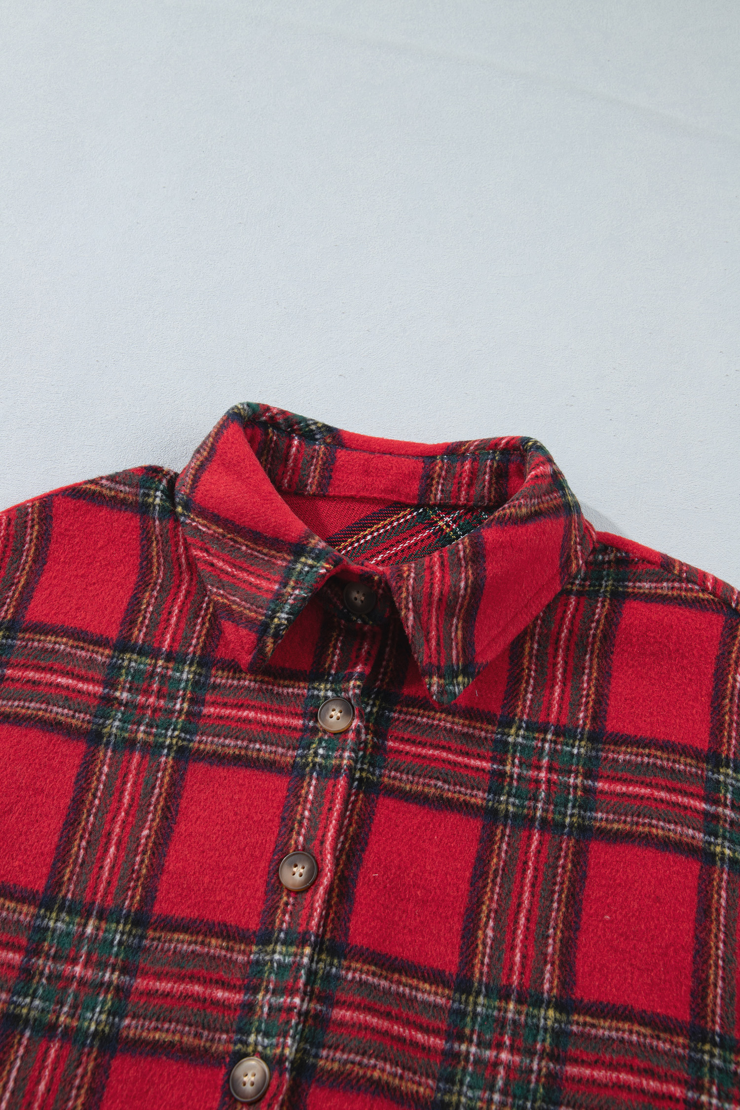 Women's Red Plaid Shacket, Casual Button Front Shirt Jacket - Detail View 7