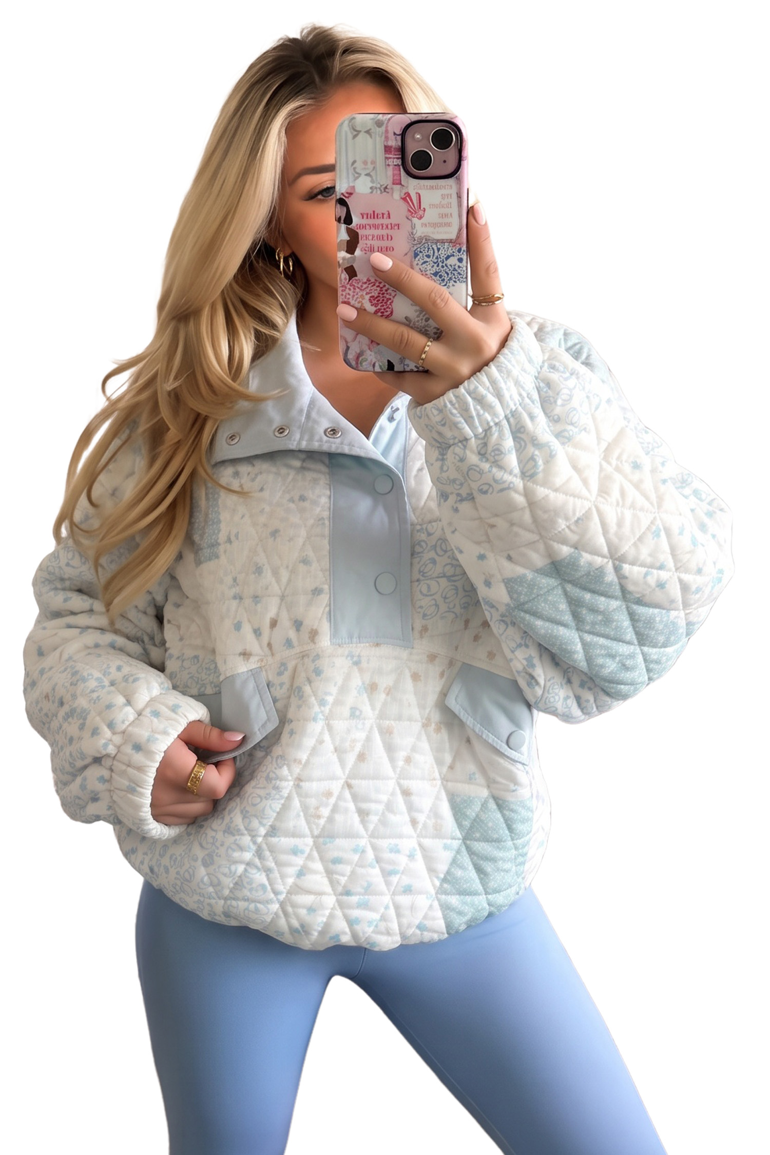 Women's Quilted Floral Pullover, Daily Casual Sweatshirt - Main View