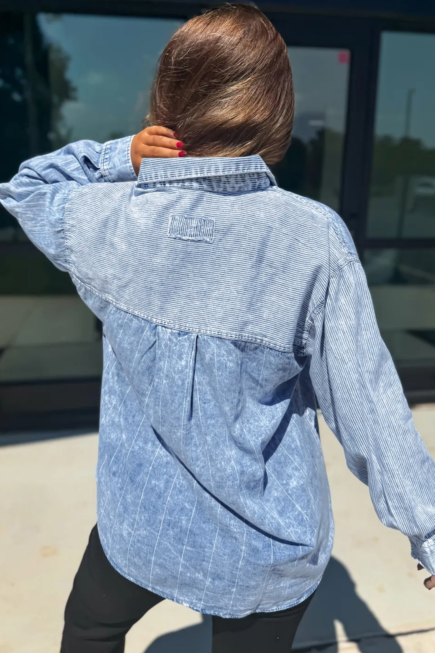 Color Block Washed Denim Shirt, Women's Retro Stripe - Detail View 5