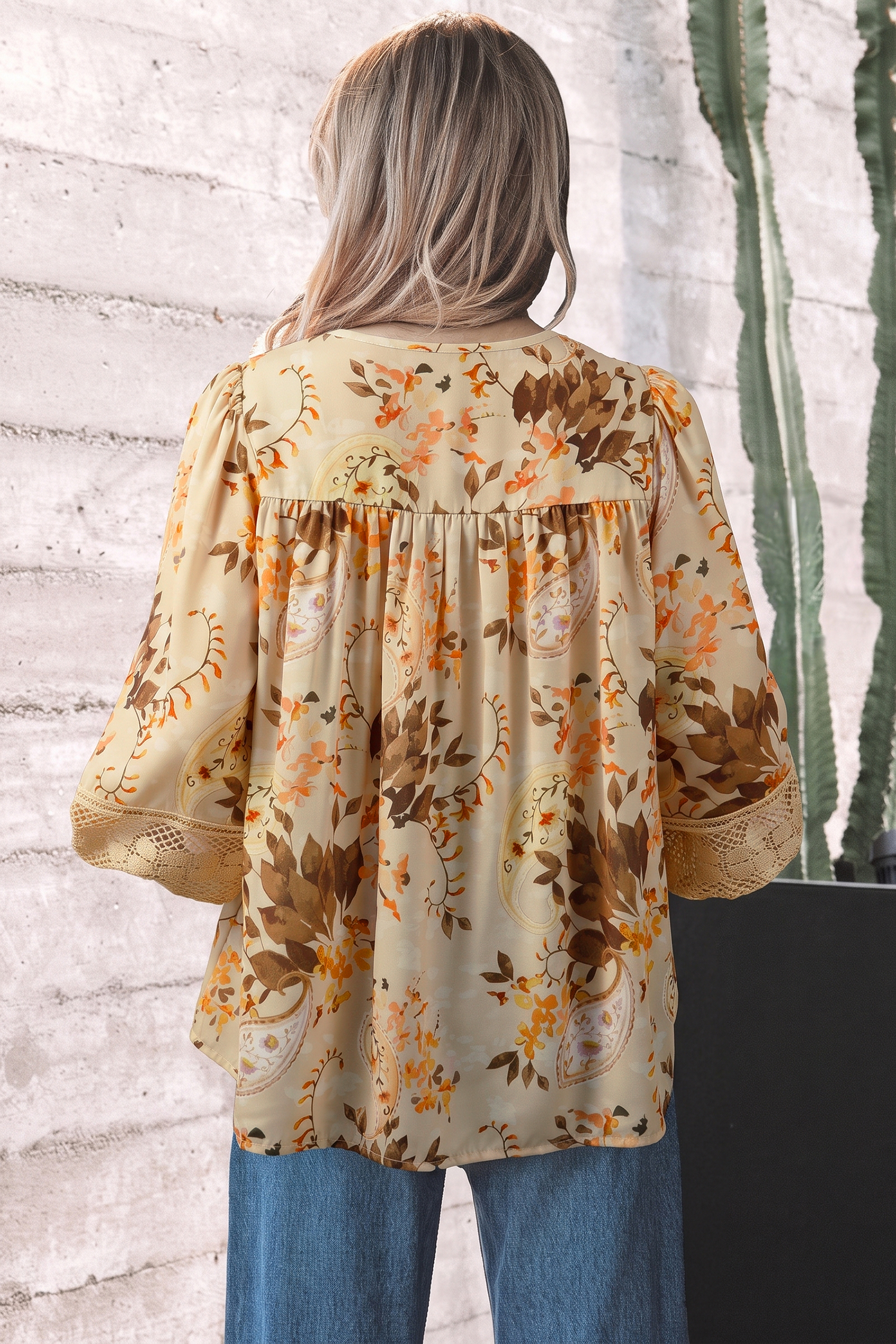 Women's Vacation Paisley Top, Khaki V Neck Boho Shift Blouse - Detail View 3
