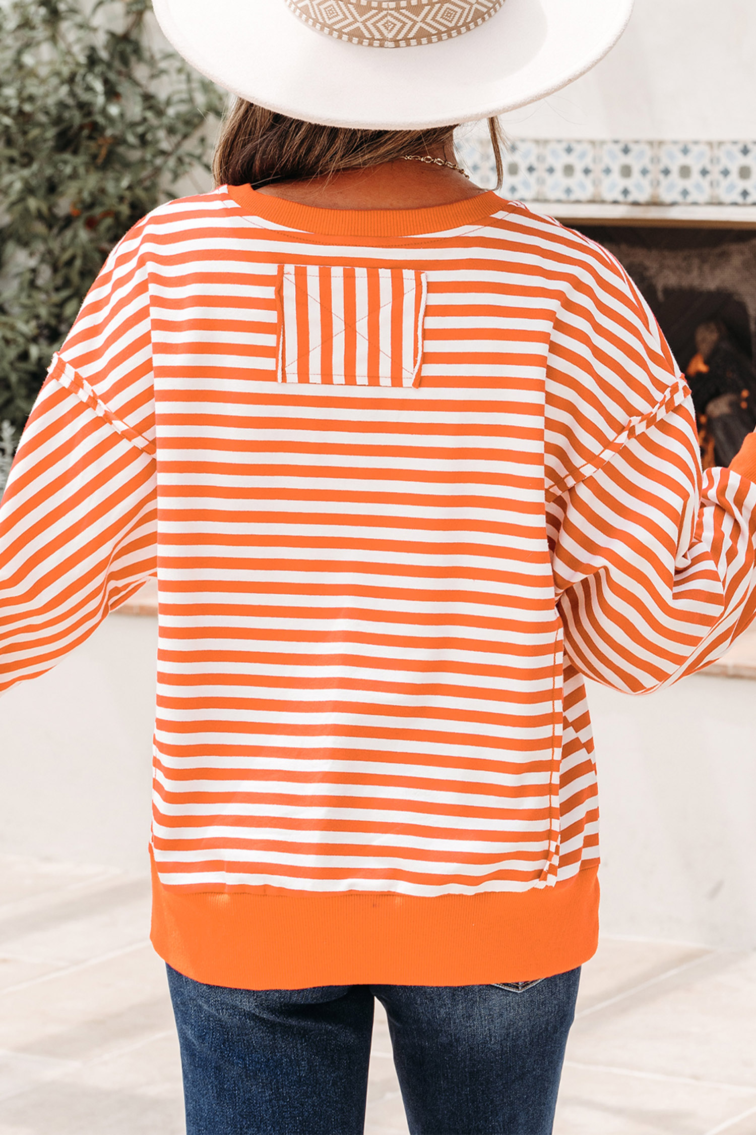 Fall Pumpkin Graphic Long Sleeve, Women's Striped Crewneck - Detail View 2