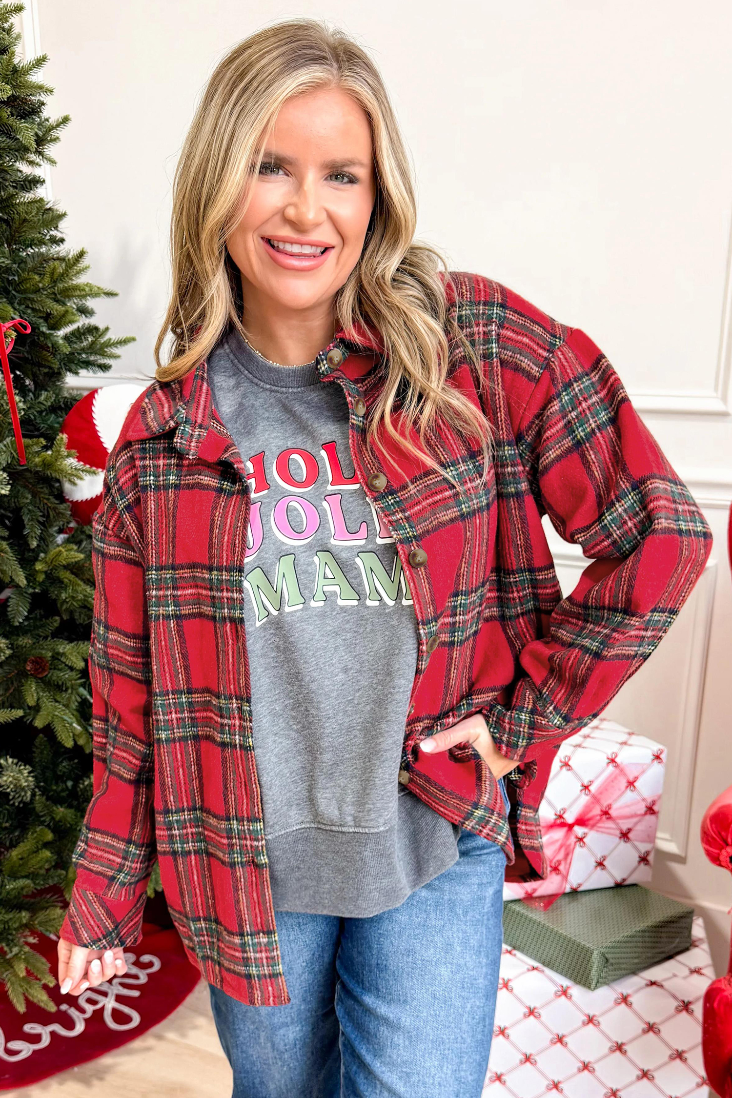 Women's Holiday Plaid Shacket, Versatile Daily Button Top - Detail View 3