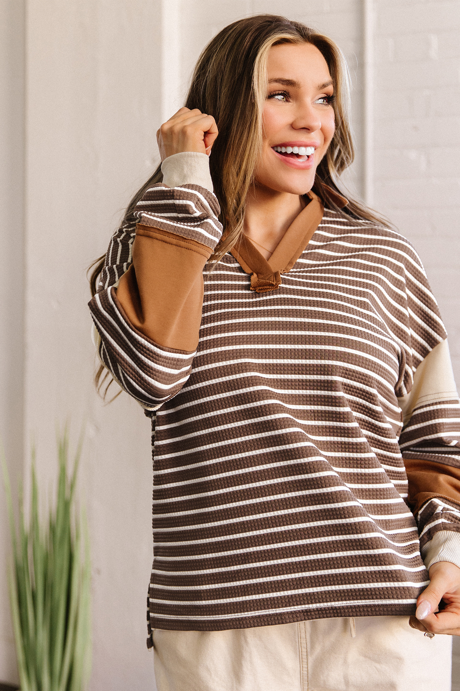 Color Block Stripe Top, Women's V Neck Waffle Knit Pullover - Detail View 11