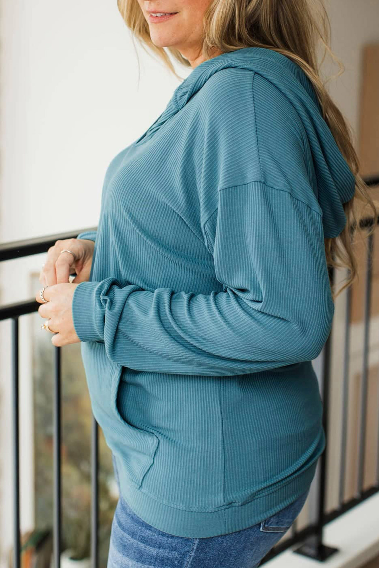 Women's Lapis Ribbed Hoodie, Drop Shoulder Long Sleeve - Detail View 8