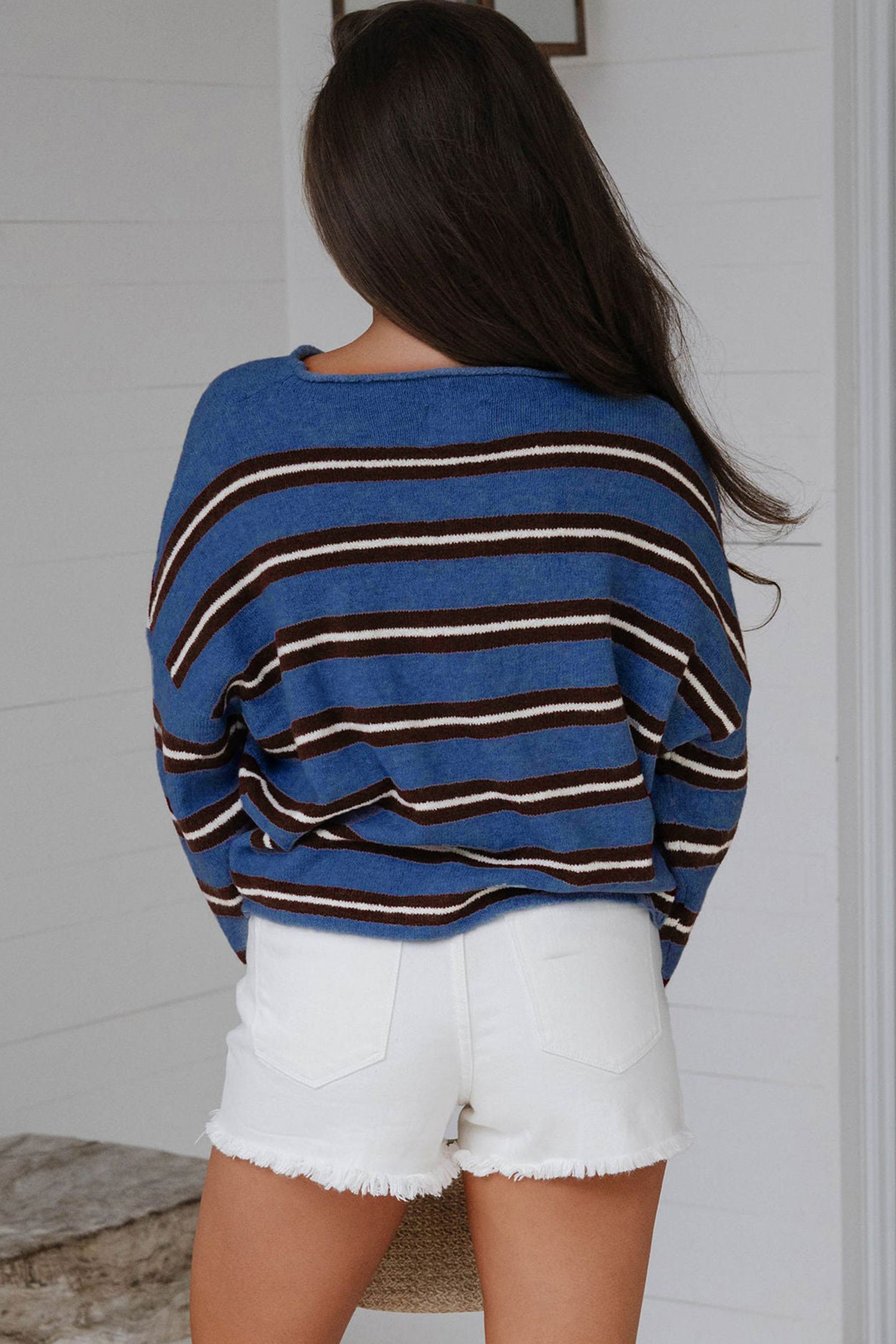 Women's Blue Striped Cardigan, Casual Drop Shoulder Sweater - Detail View 10