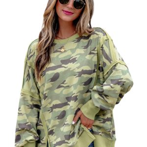 Women's Camo Waffle Knit Top, Casual Long Sleeve Oversized - Main View