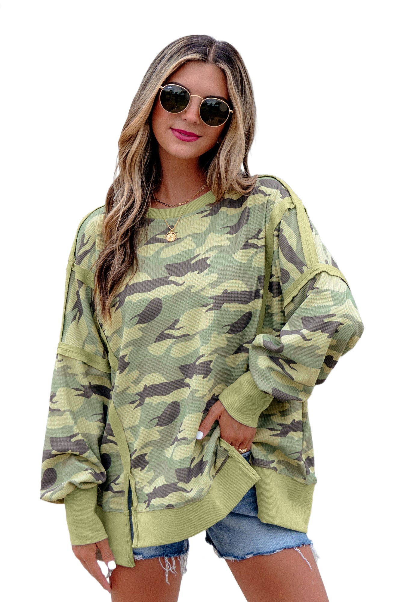 Women's Camo Waffle Knit Top, Casual Long Sleeve Oversized - Main View