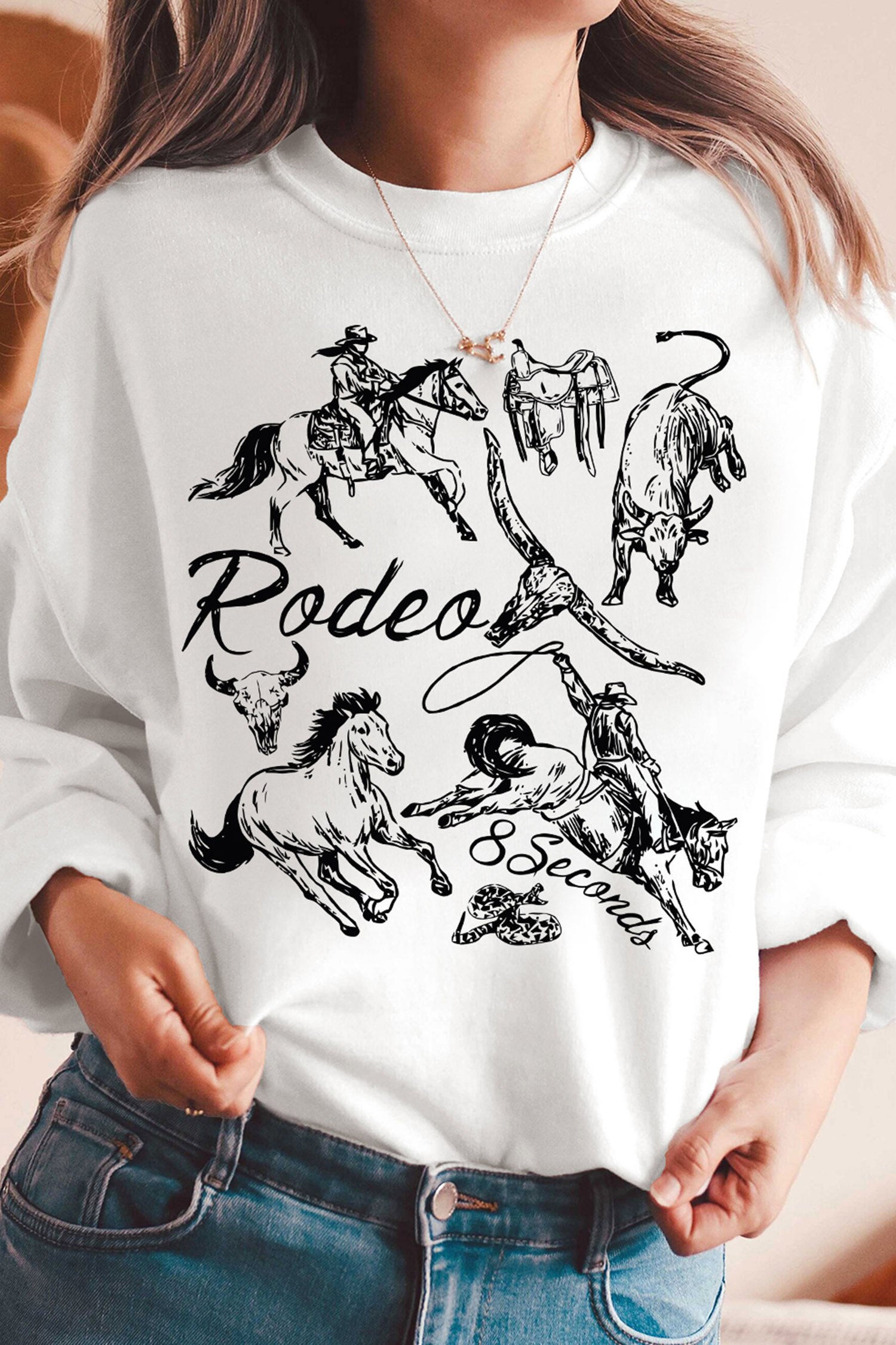 Comfortable Graphic Sweatshirt, White Western Rodeo Apparel - Detail View 3