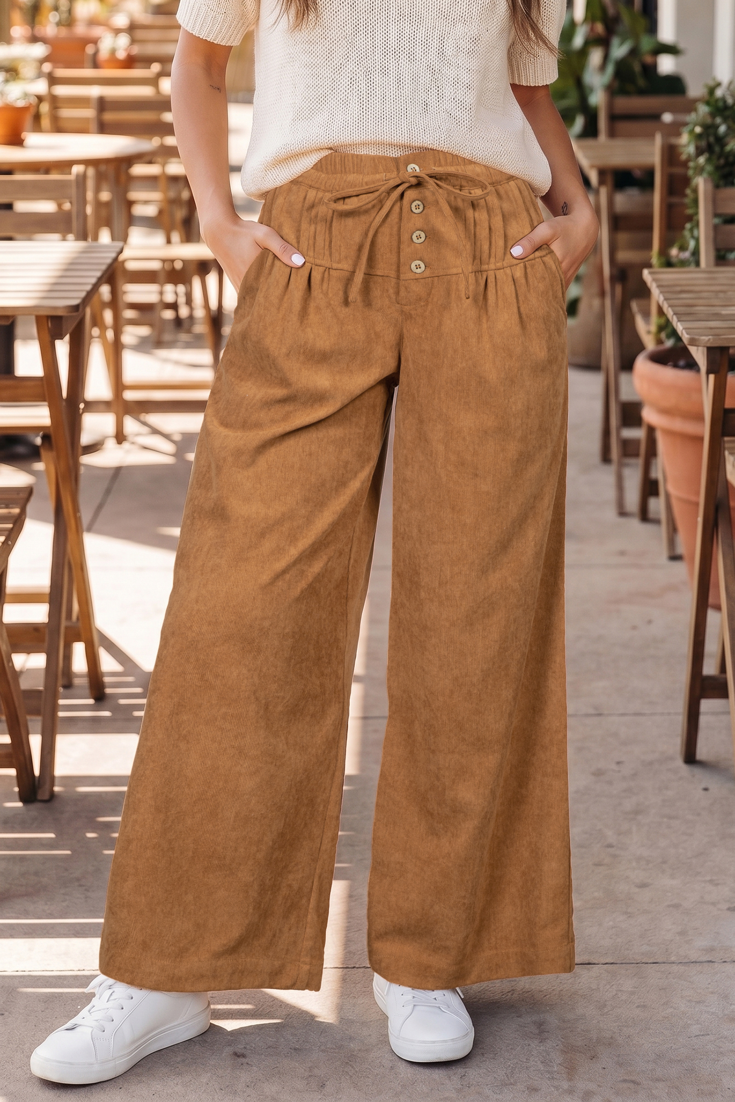 Wide Leg Corduroy Pants, Elastic Waist Daily Casual Bottoms - Detail View 5