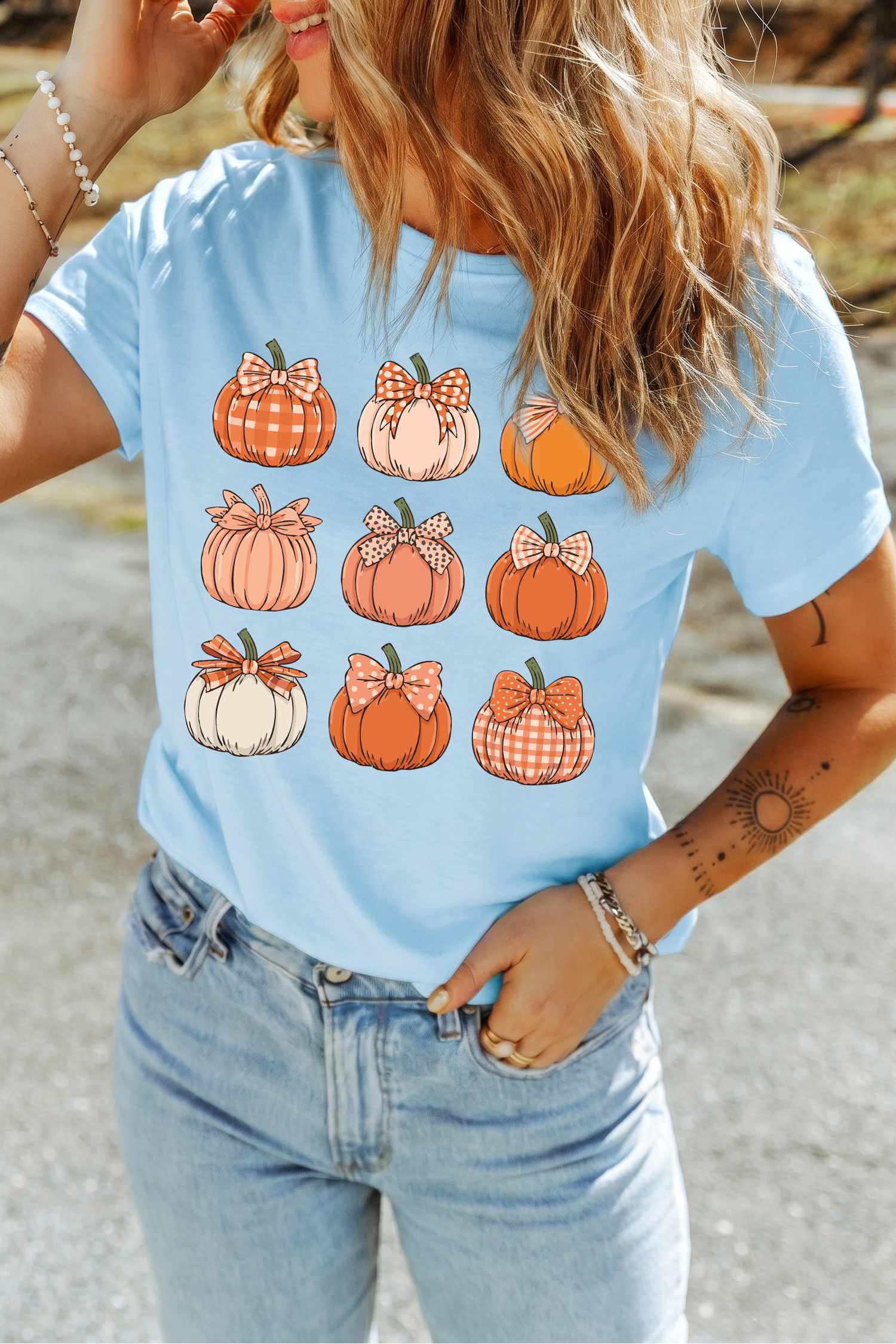 Casual Fall Graphic T Shirt, Light Blue Soft Cotton Blend - Detail View 9