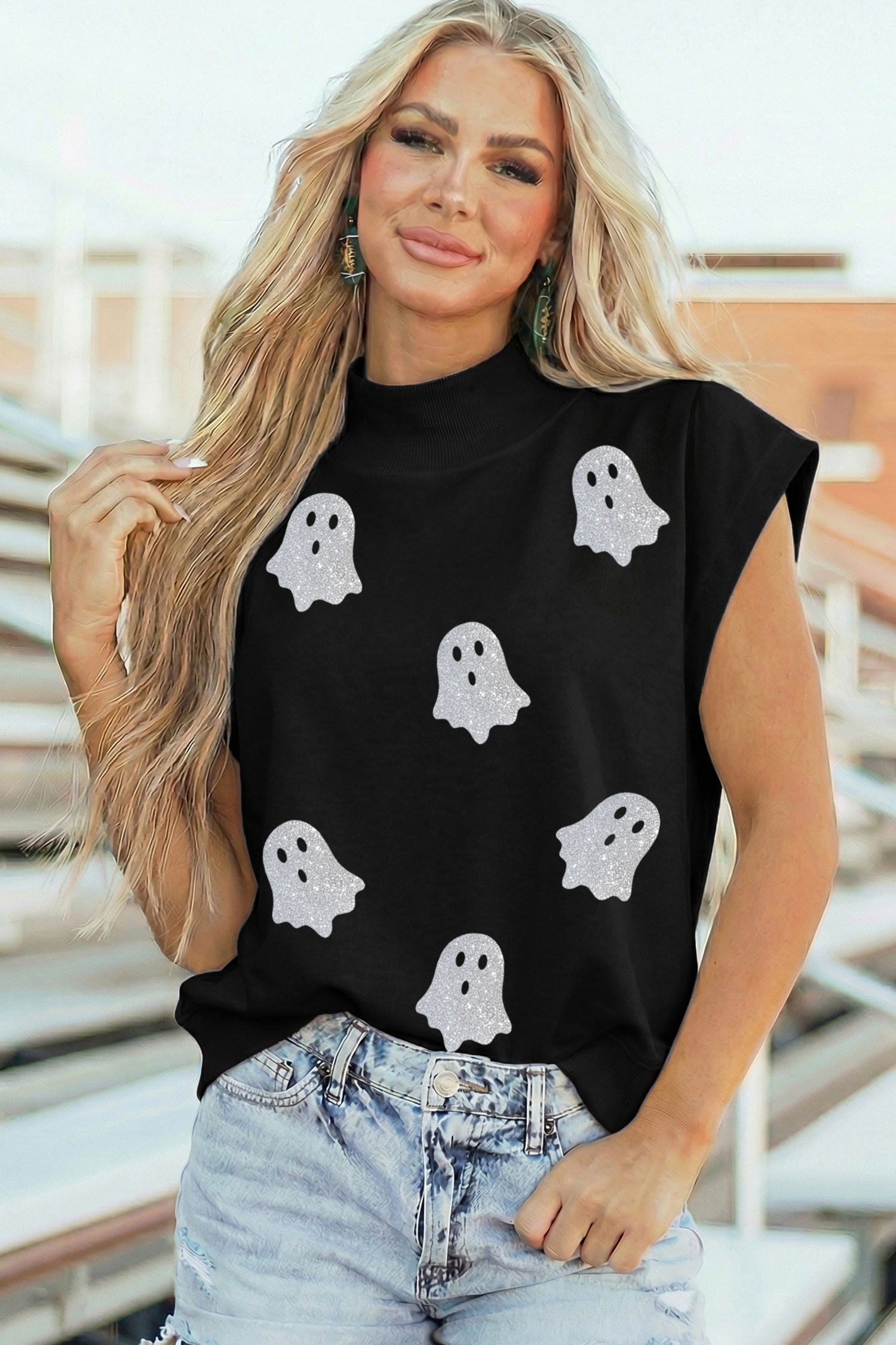 Women's Short Sleeve Ghost Tee, Black Holiday Casual Blouse - Detail View 6