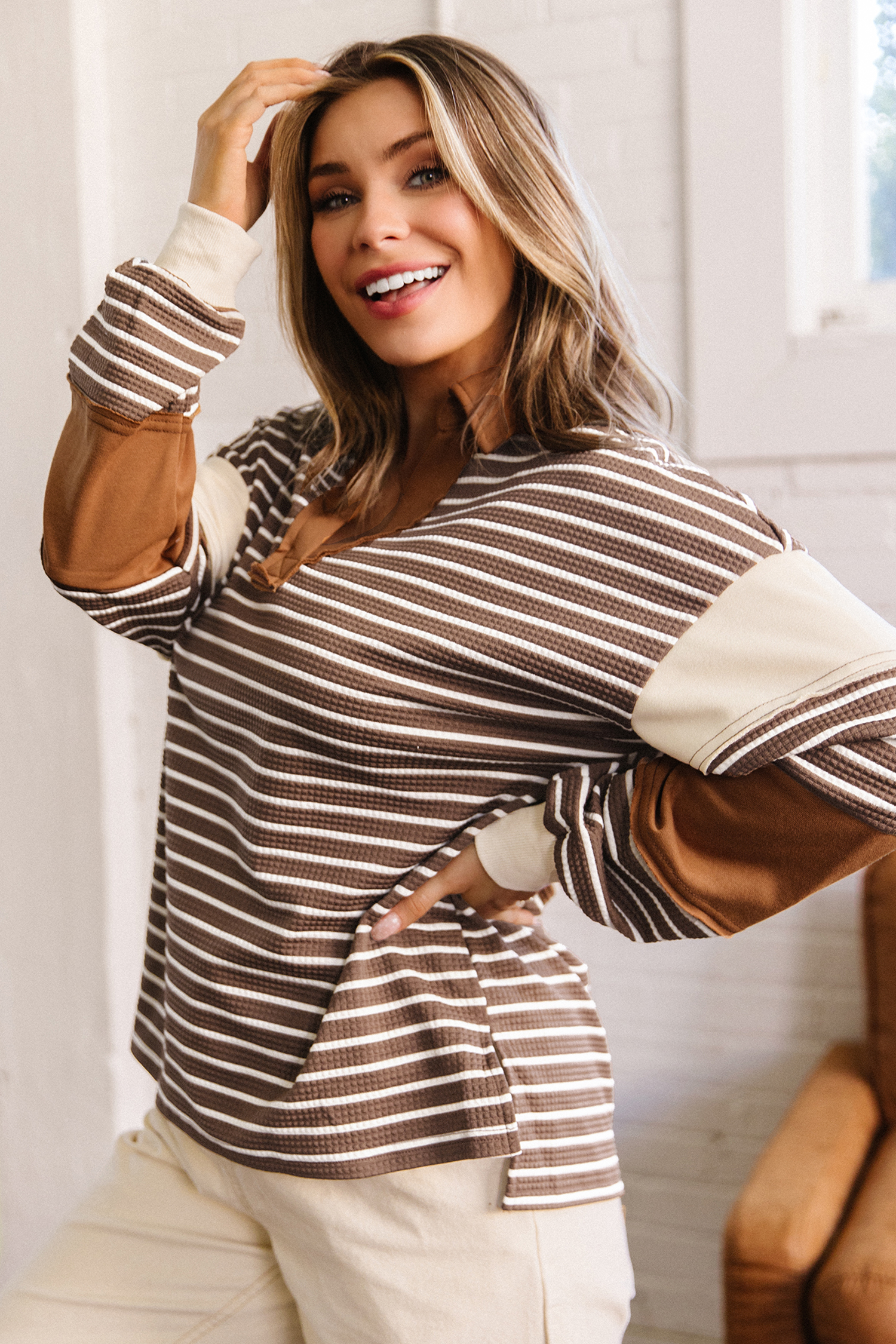 Women's Long Sleeve Pullover, Casual Textured Stripe Sweater - Detail View 3