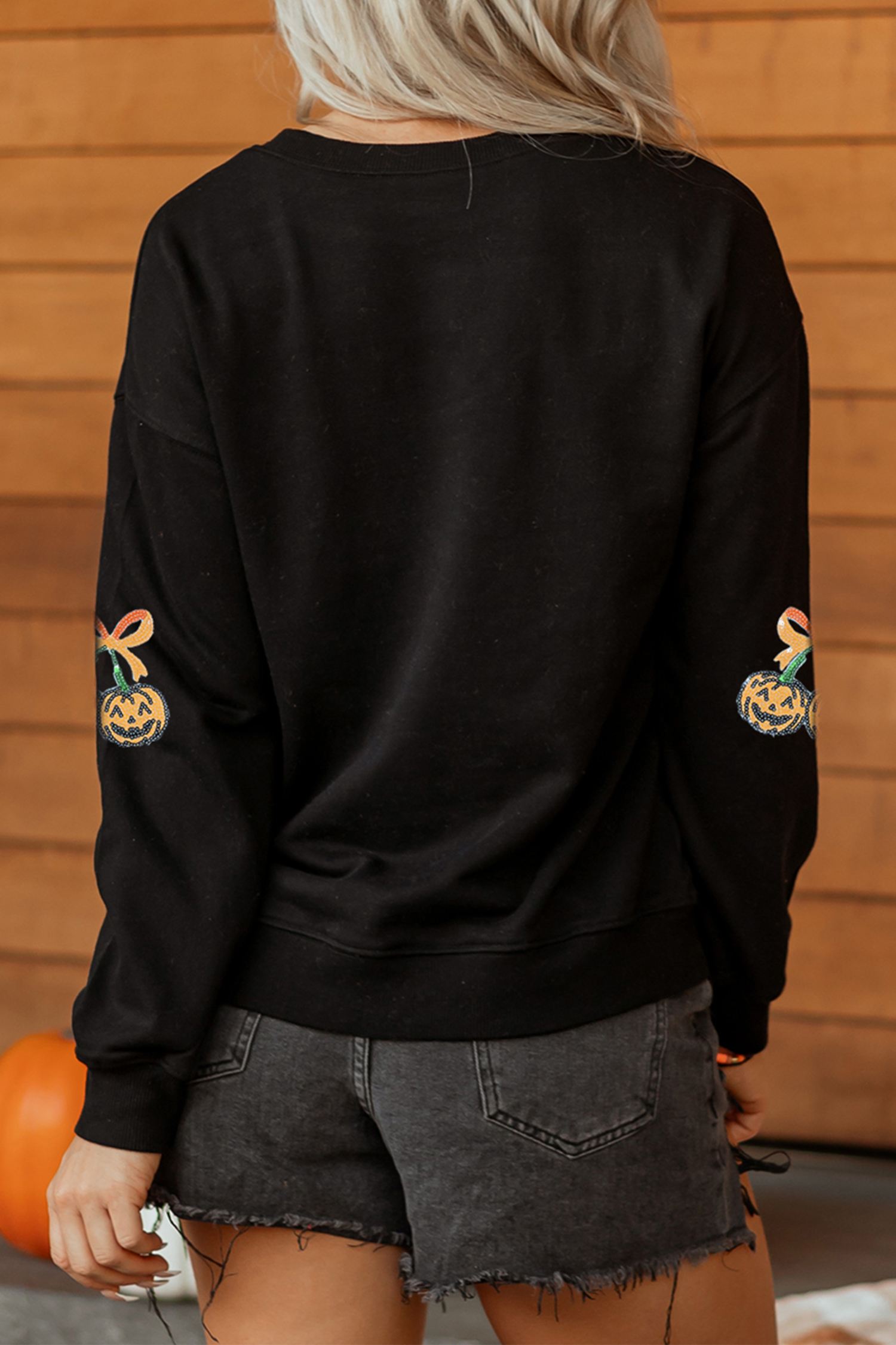 Women's Sequin Pumpkin Sweatshirt, Trendy Black Pullover - Detail View 2