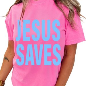 Women's Jesus Saves Graphic T Shirt, Sachet Pink Casual Top - Main View