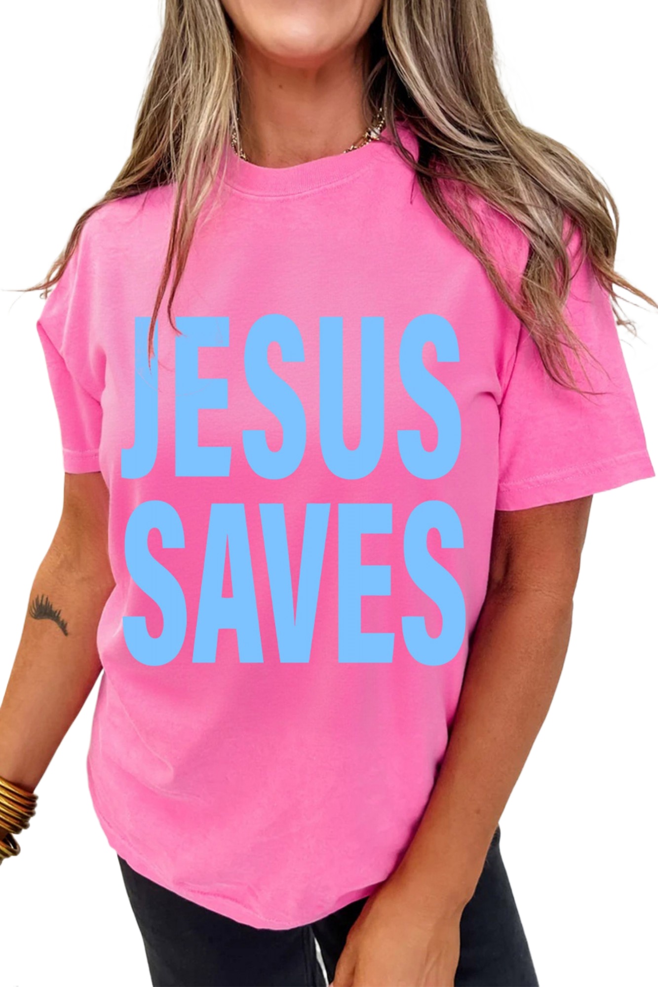 Women's Jesus Saves Graphic T Shirt, Sachet Pink Casual Top - Main View