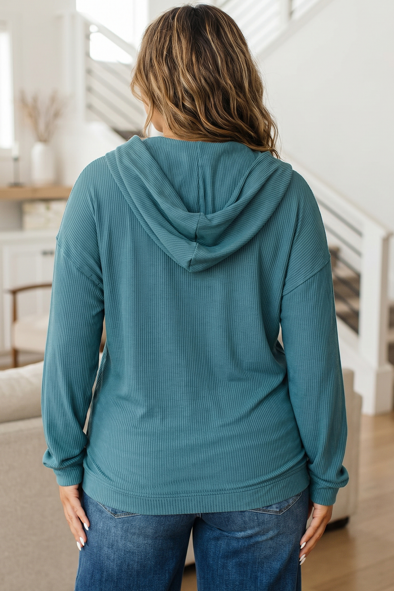 Women's Lapis Ribbed Hoodie, Drop Shoulder Long Sleeve - Detail View 2