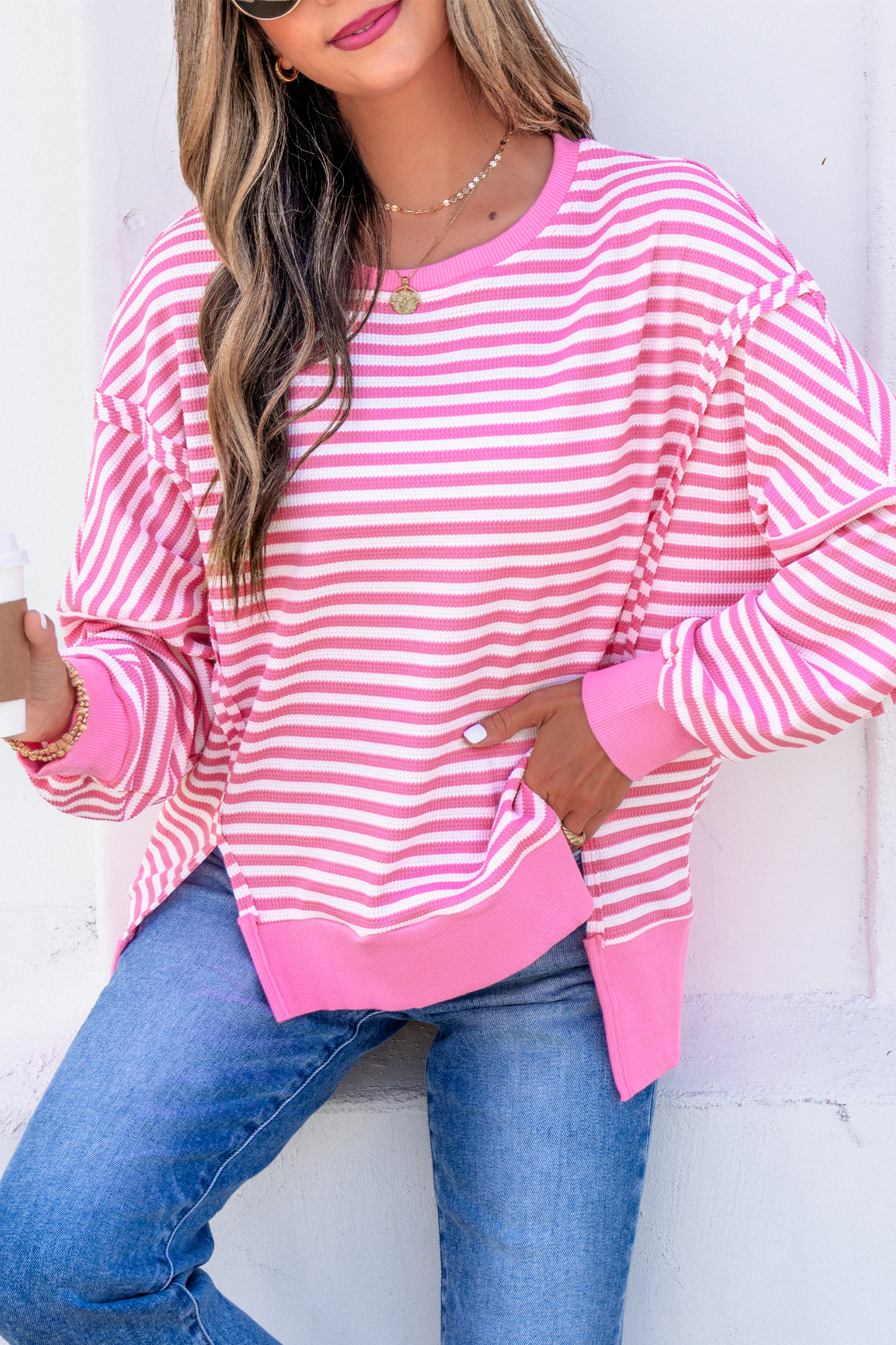 Pink Striped Textured Sweater, Relaxed Crew Neck Fall Top - Detail View 5