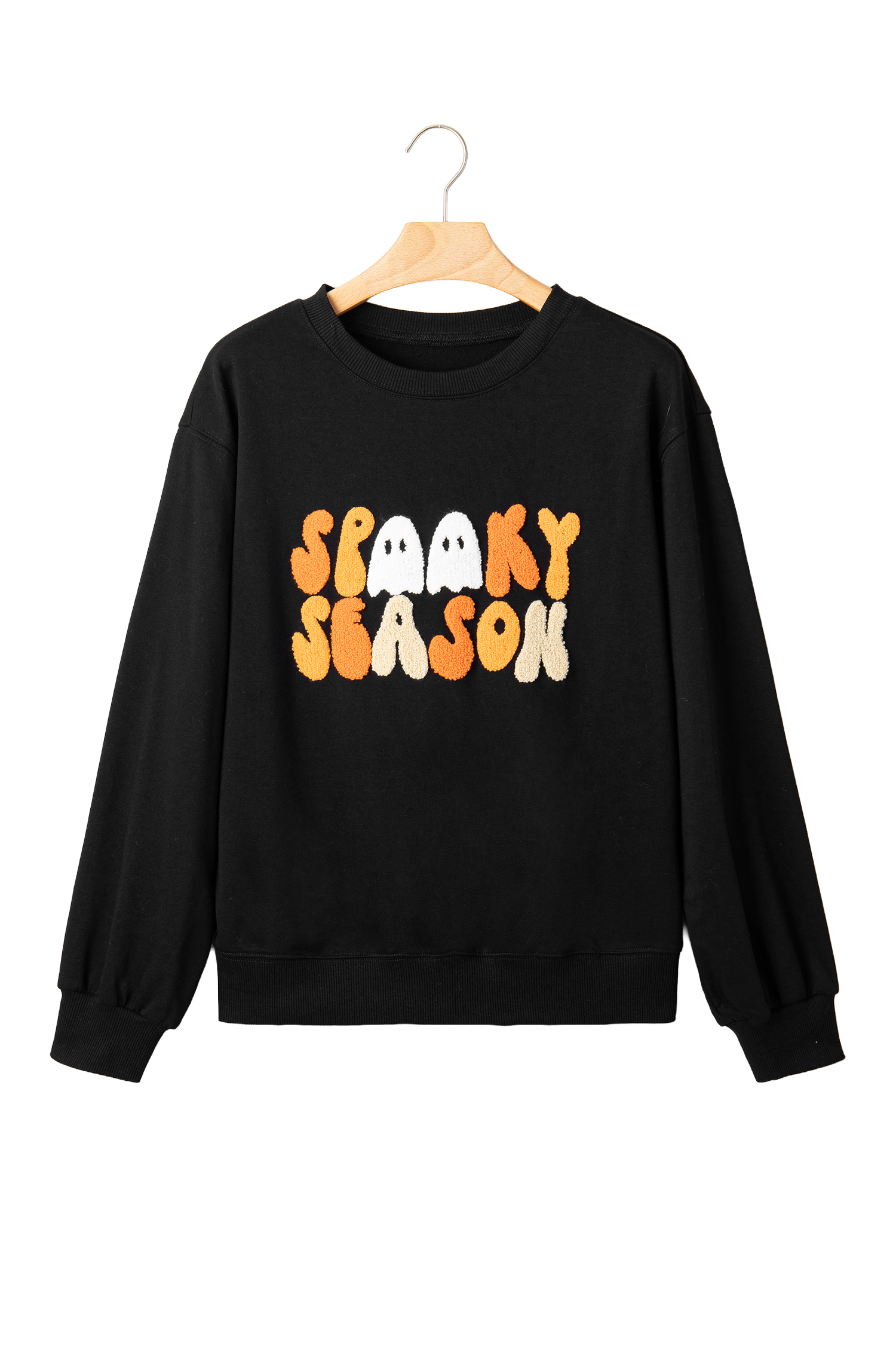 Black Halloween Graphic Sweatshirt, Embroidered Round Neck Top - Detail View 5