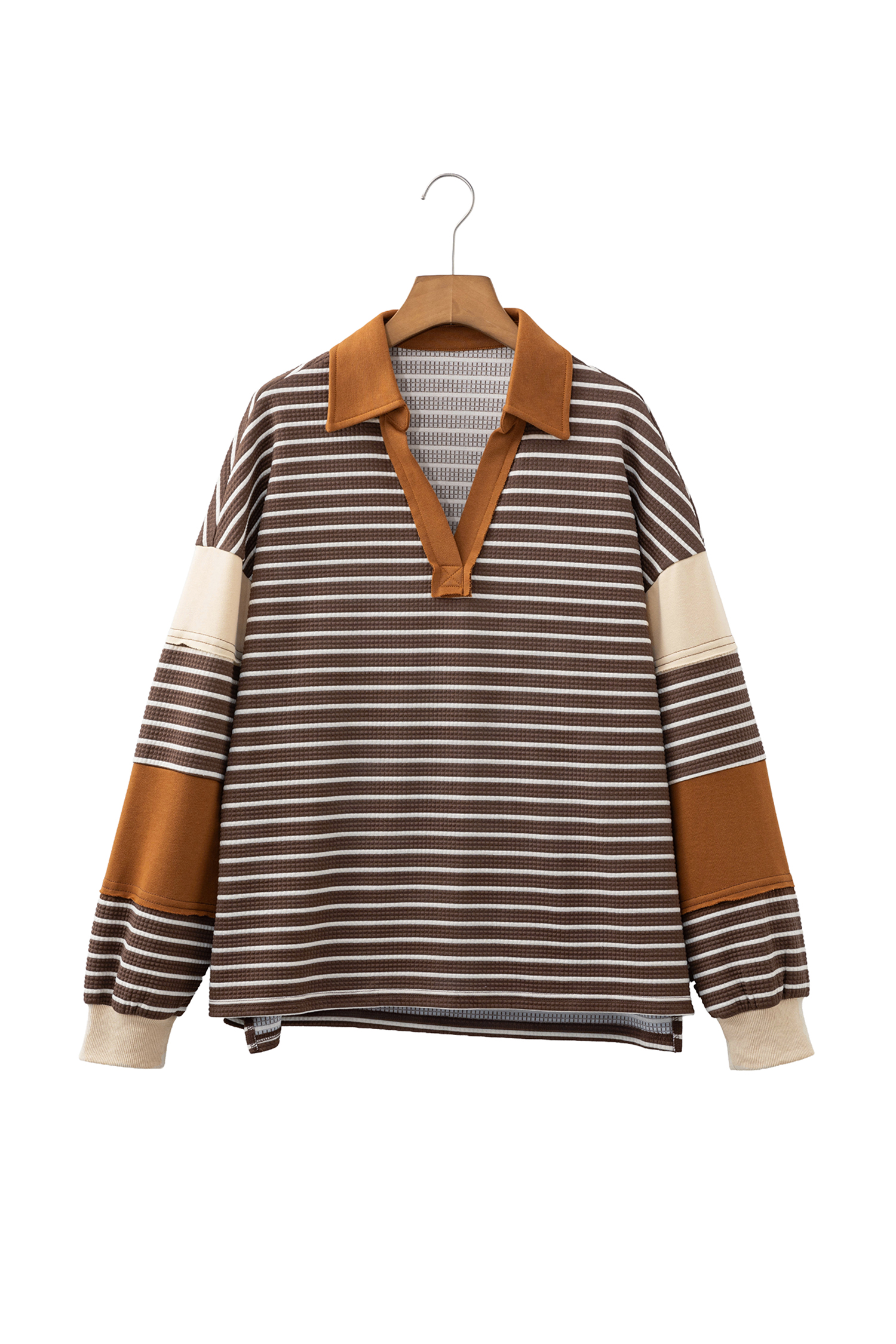 Color Block Stripe Top, Women's V Neck Waffle Knit Pullover - Detail View 8