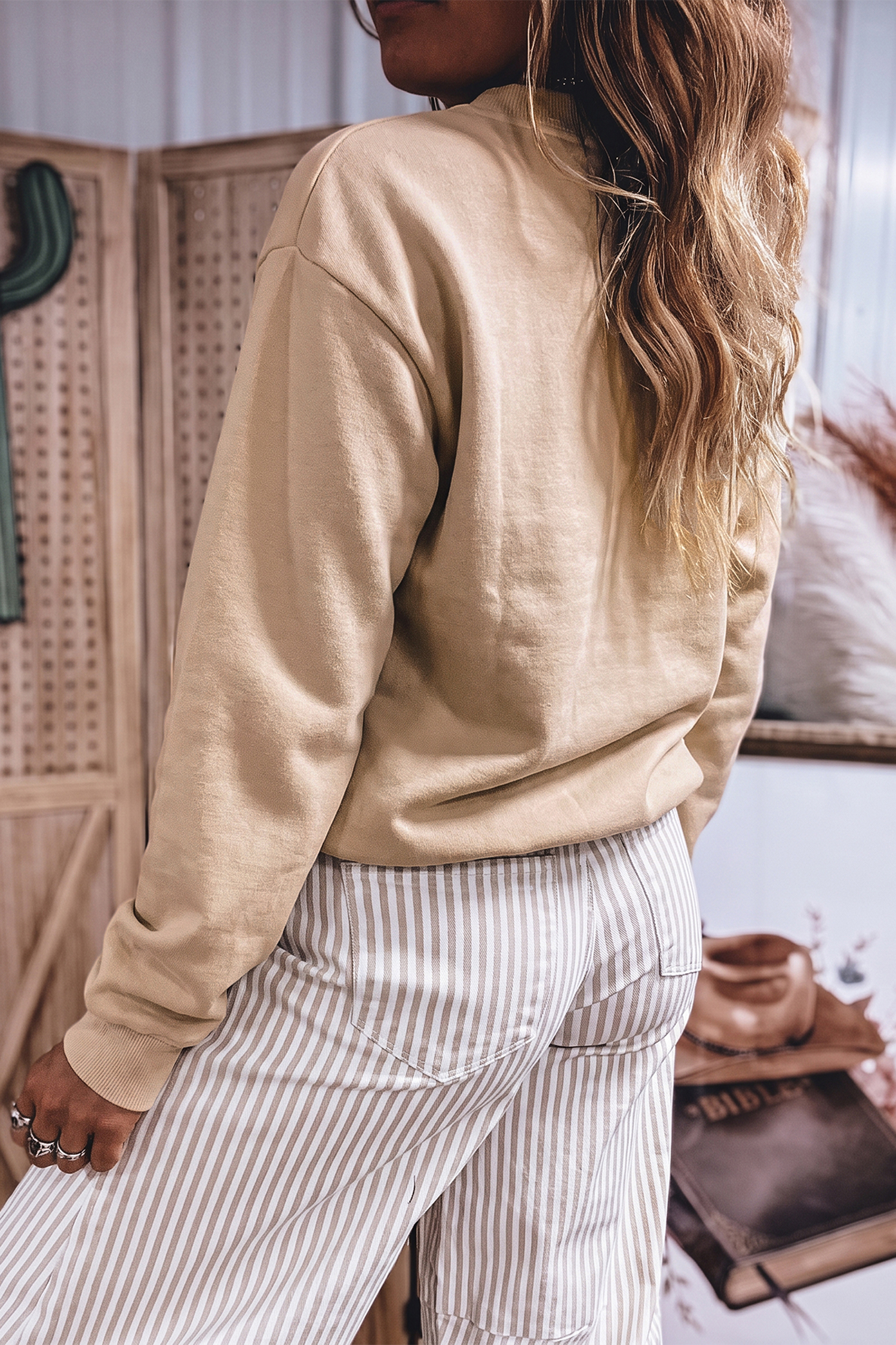 Beige Long Sleeve Pullover, Southwestern Style Embroidery - Detail View 2