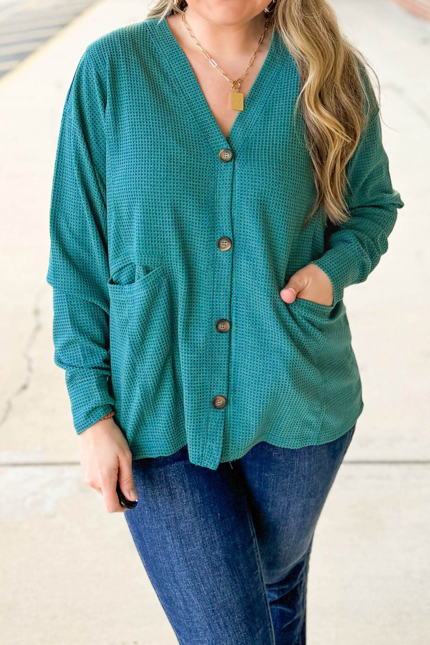 Lapis V Neck Cardigan, Textured Waffle Knit Casual Sweater - Detail View 5