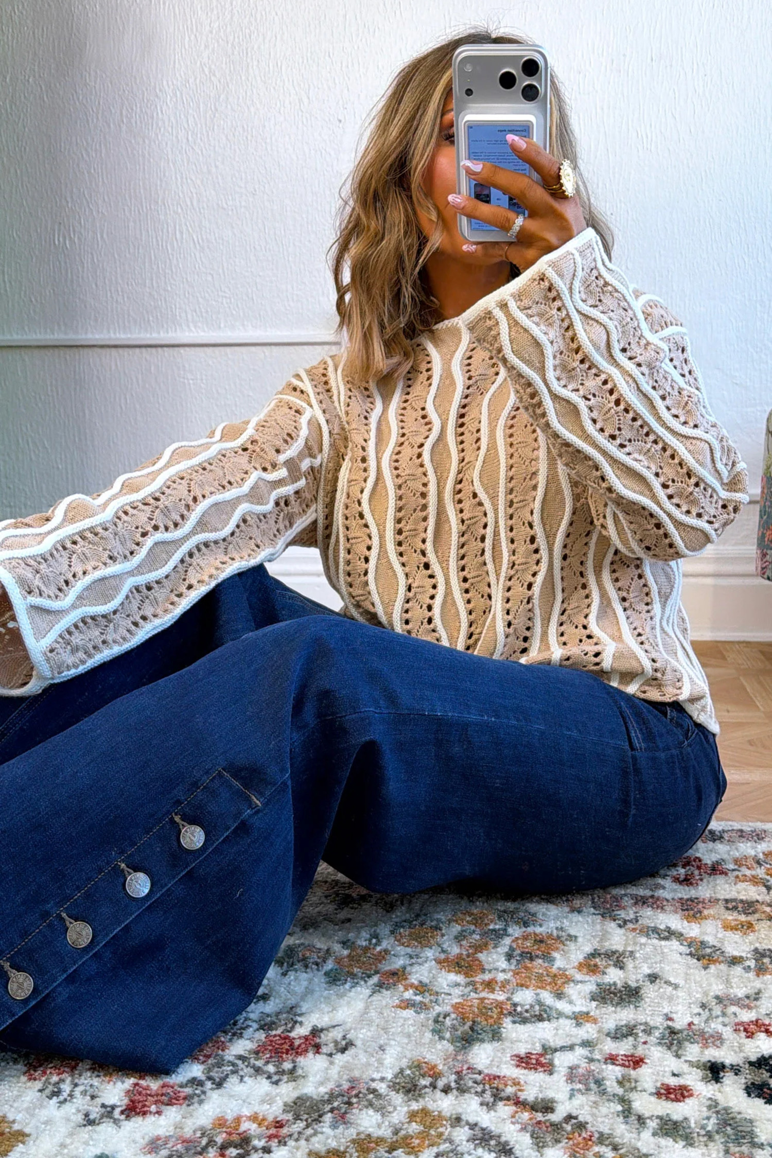 Wavy Texture Crochet Pullover, Women's Round Neck Cotton Knit - Detail View 6