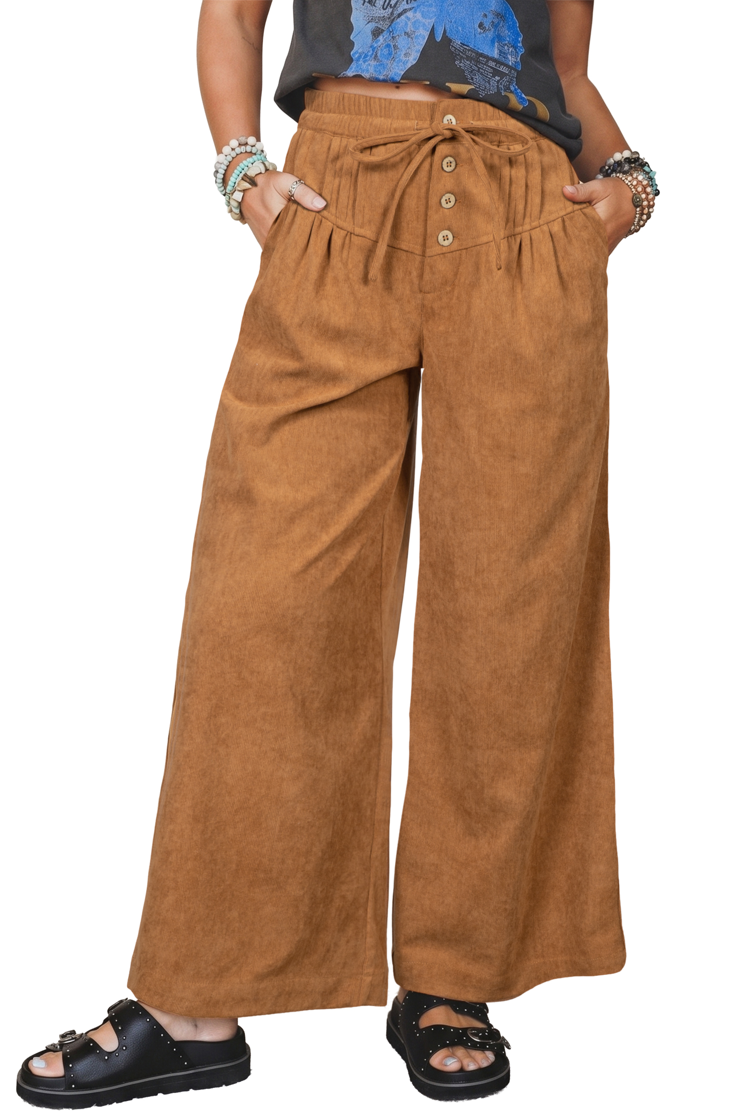 Women's Corduroy Wide Leg Pants, High Waist Casual Trousers - Main View